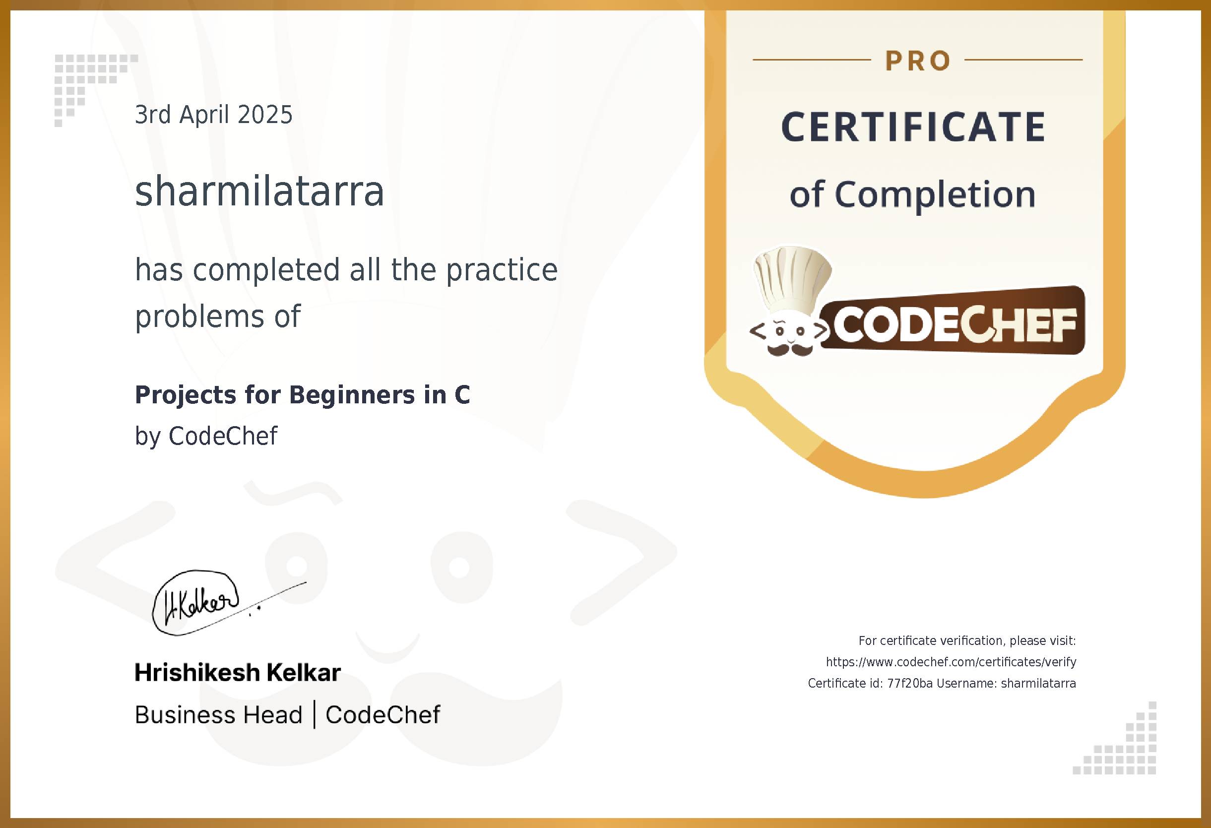 Awarded to sharmilatarra for completing <a href='/practice/projects-c'>Projects for Beginners in C</a>
