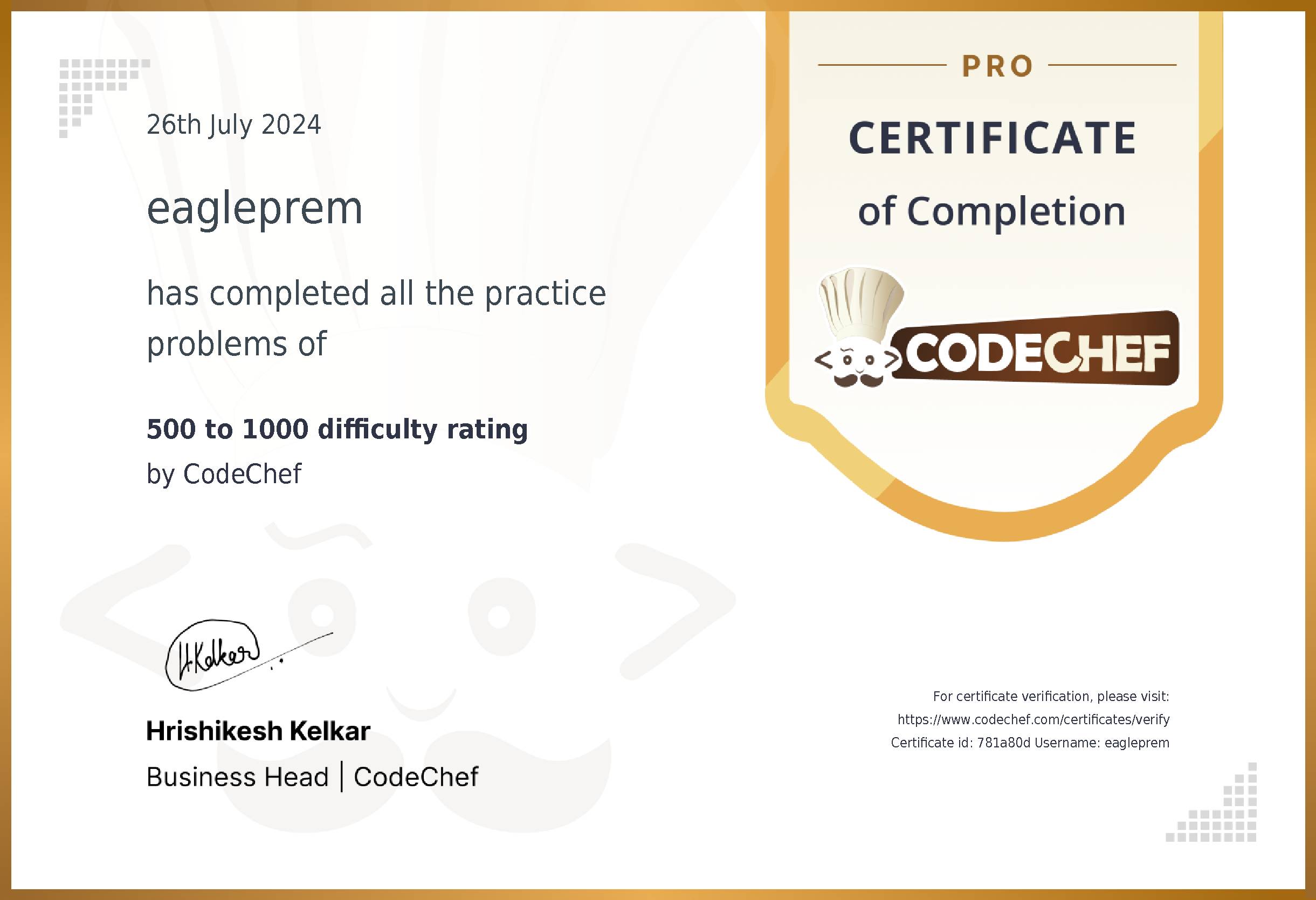 Awarded to eagleprem for completing <a href='/practice/logical-problems'>500 to 1000 difficulty rating</a>