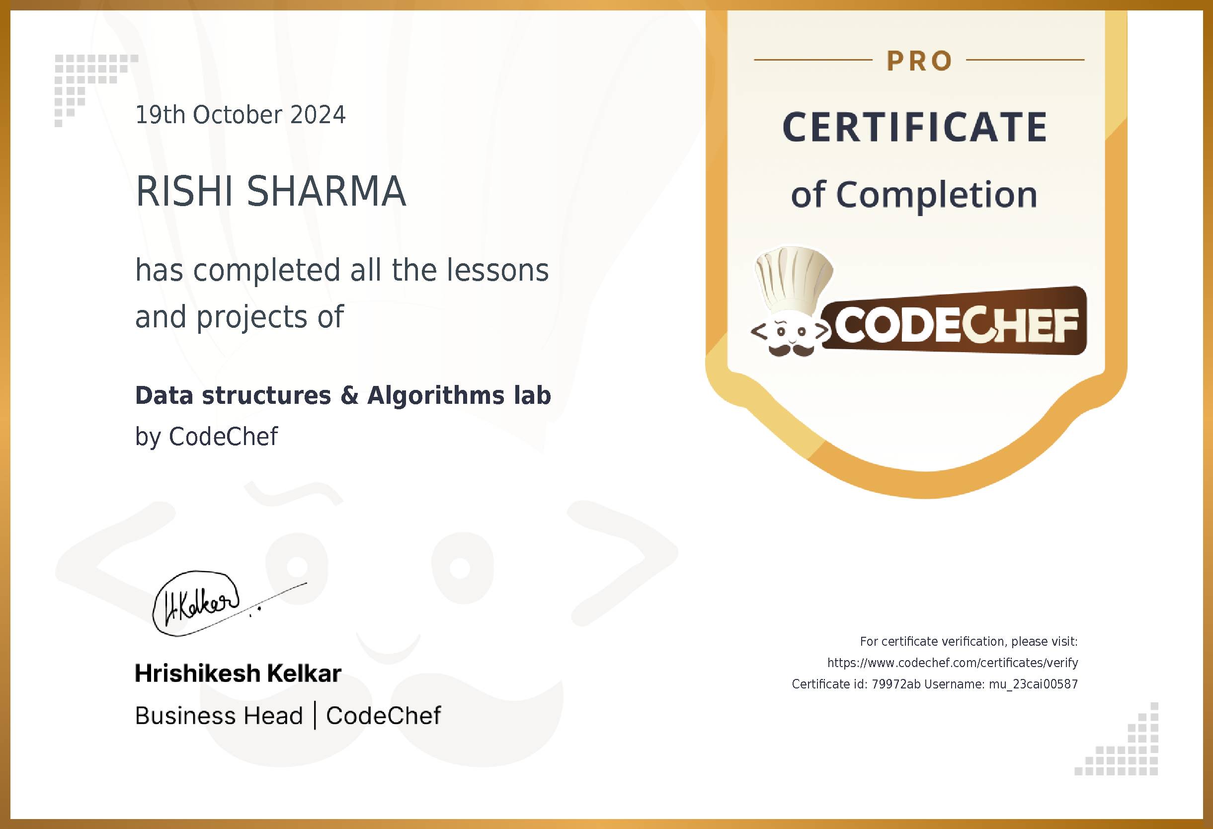Awarded to RISHI SHARMA for completing <a href='/learn/course/muj-aiml-dsa-c'>Data structures & Algorithms lab</a>