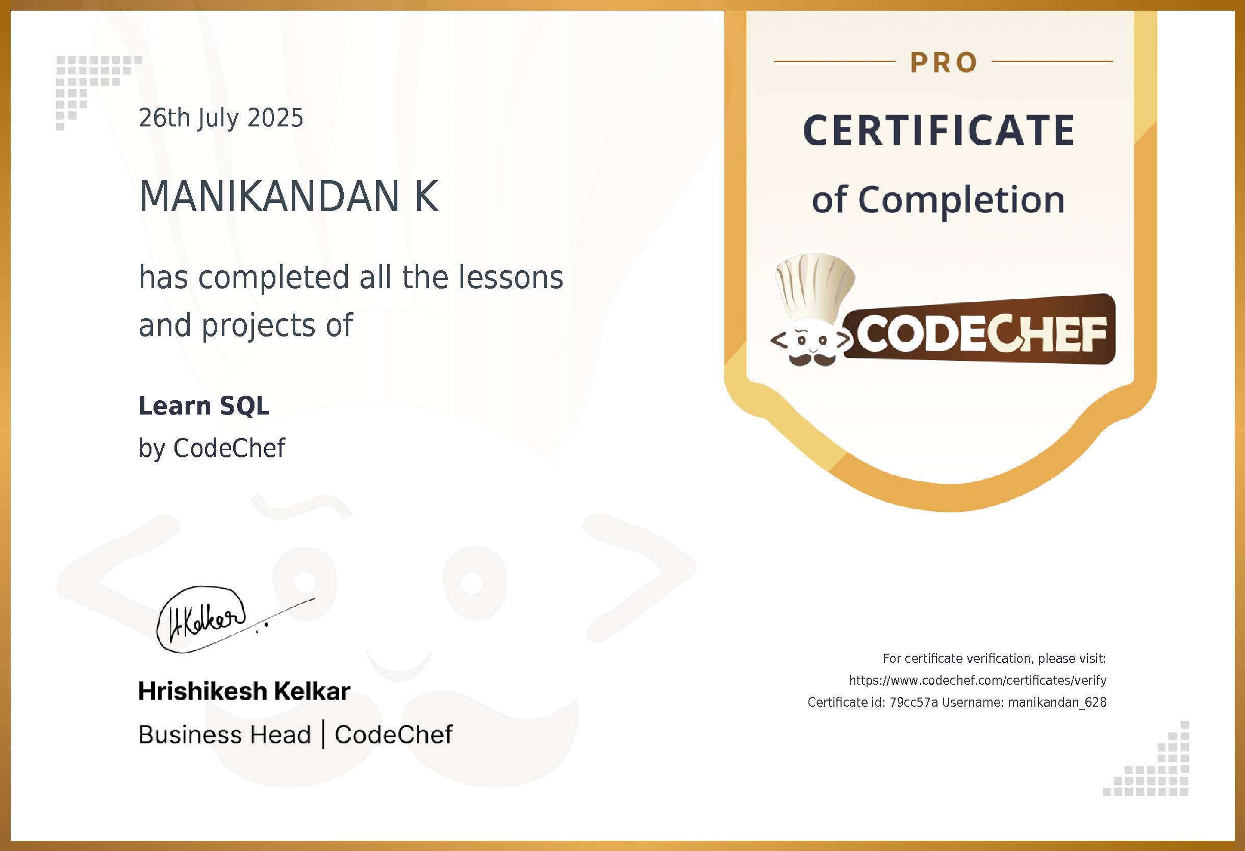 Awarded to MANIKANDAN K for completing <a href='/learn/course/sql'>Learn SQL</a>