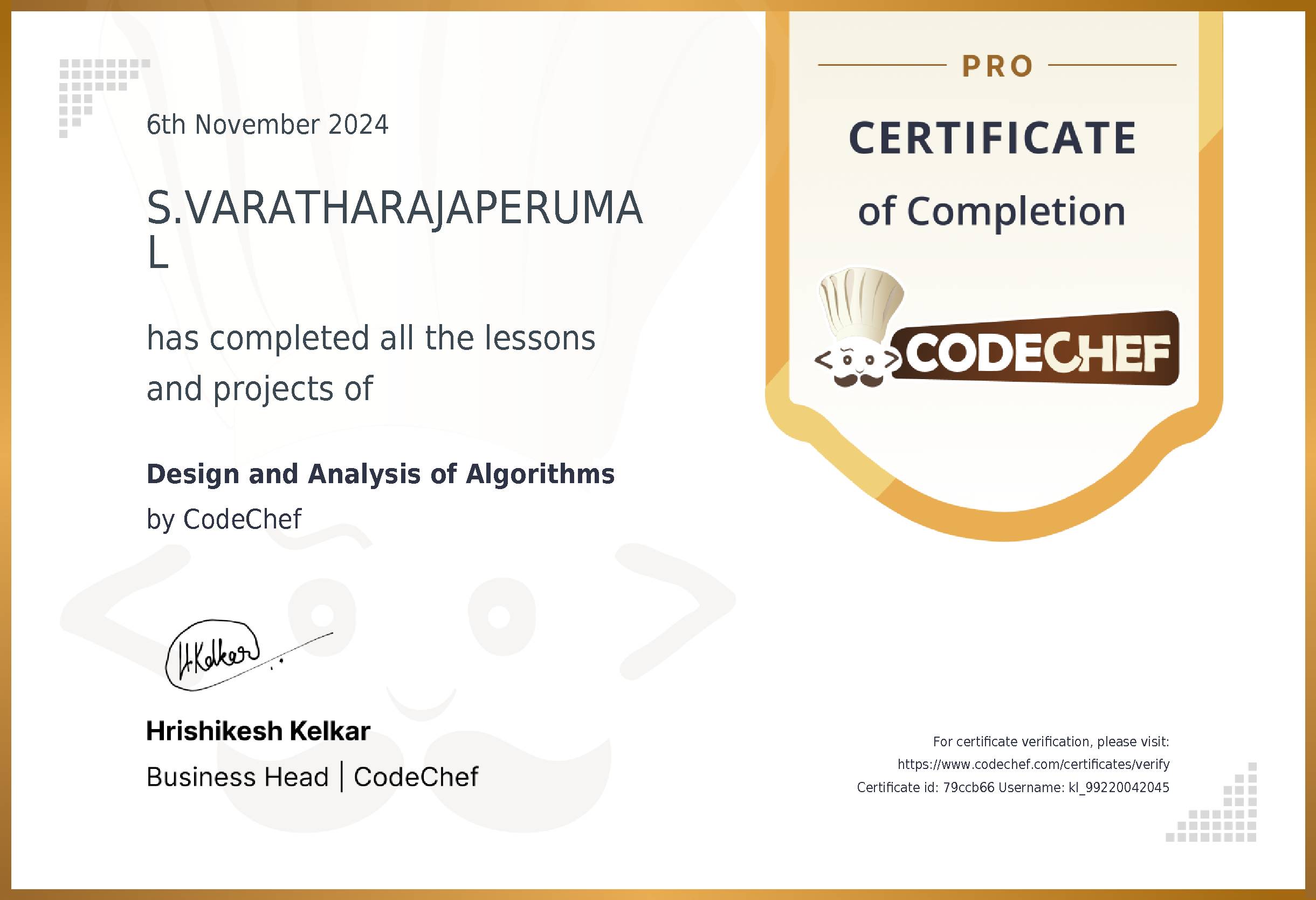 Awarded to S.VARATHARAJAPERUMAL for completing <a href='/learn/course/kl-daa'>Design and Analysis of Algorithms</a>