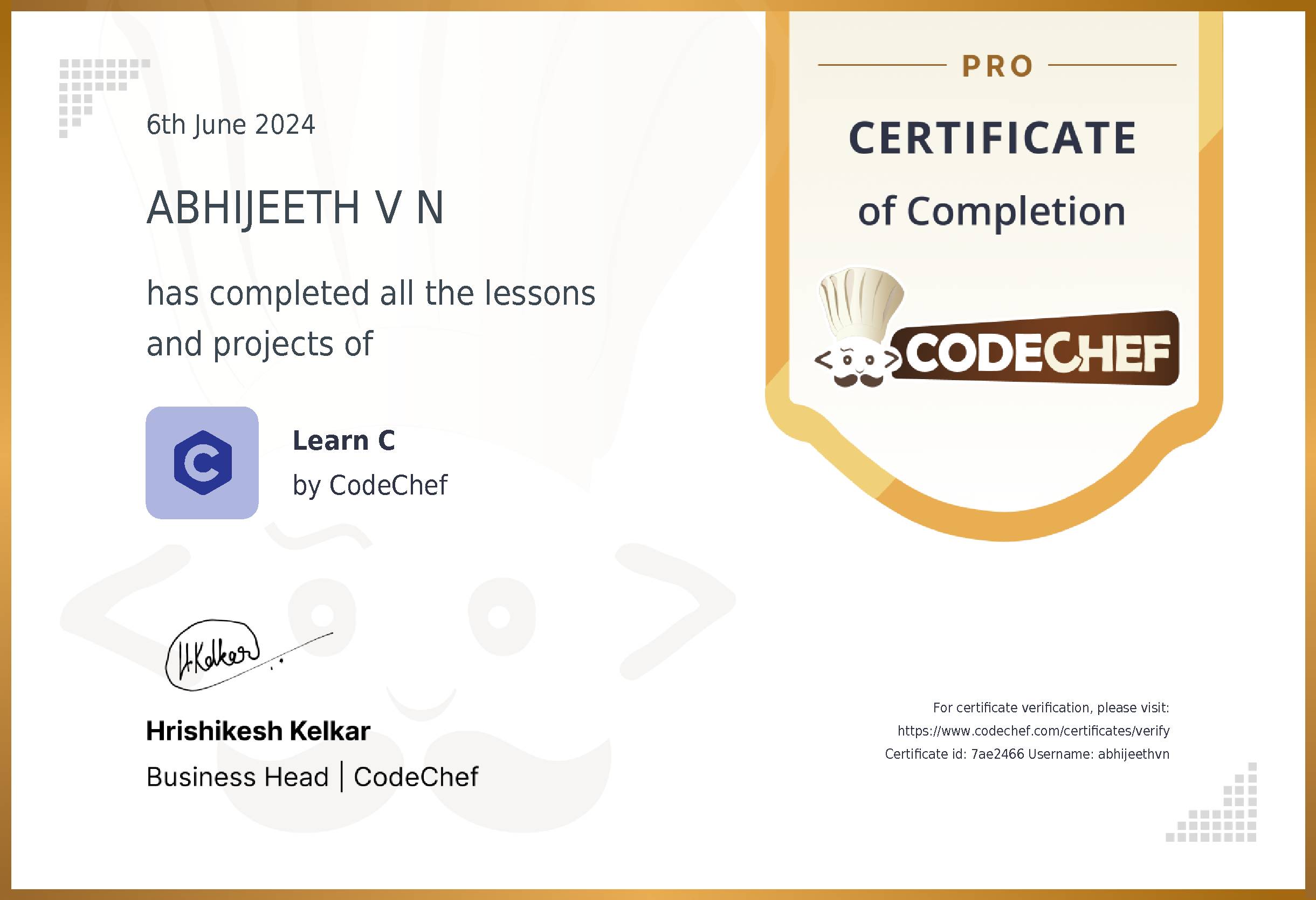 Awarded to ABHIJEETH V N for completing <a href='/learn/course/c-old-old'>Learn C</a>
