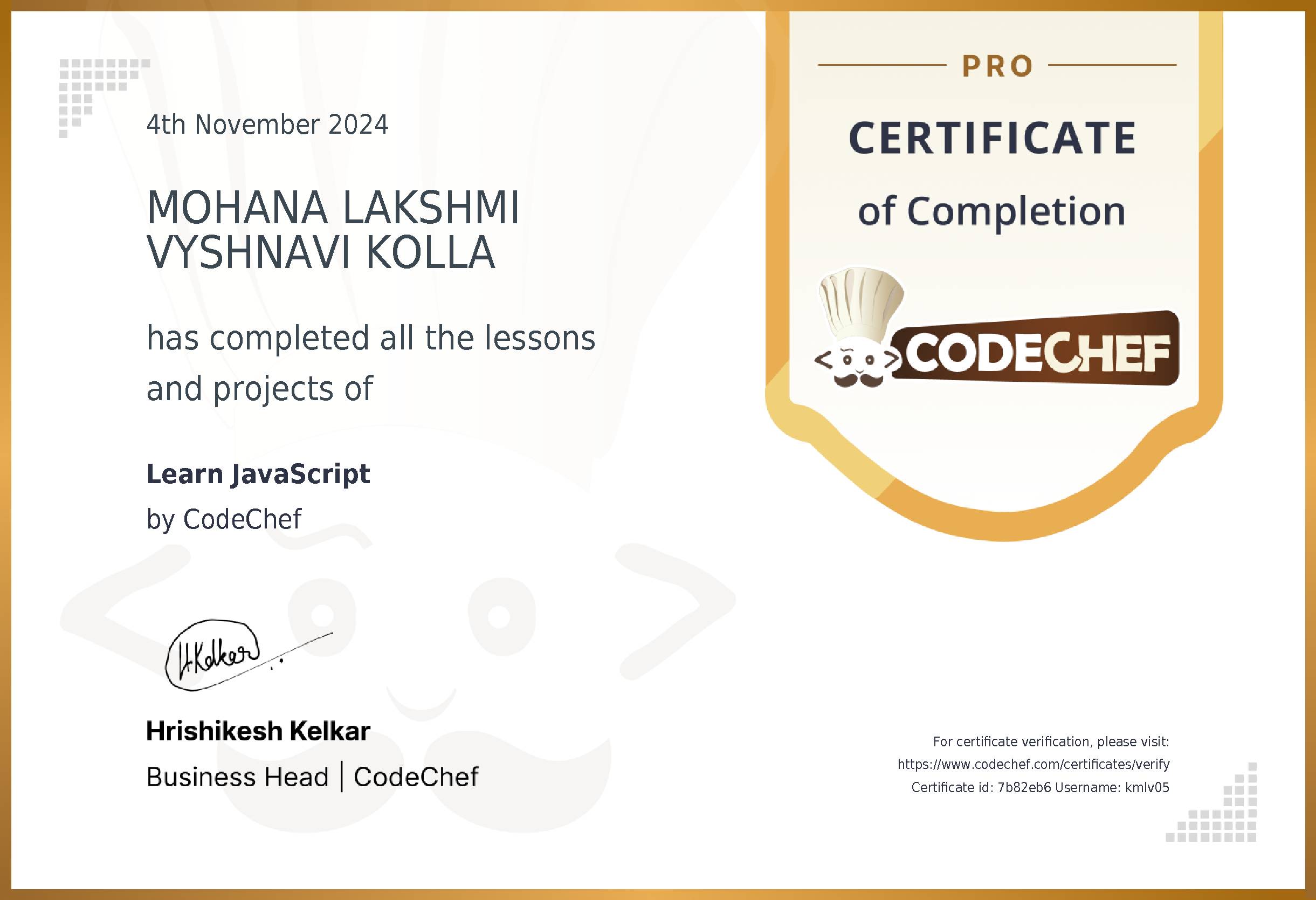 Awarded to MOHANA LAKSHMI VYSHNAVI KOLLA for completing <a href='/learn/course/javascript'>Learn JavaScript</a>