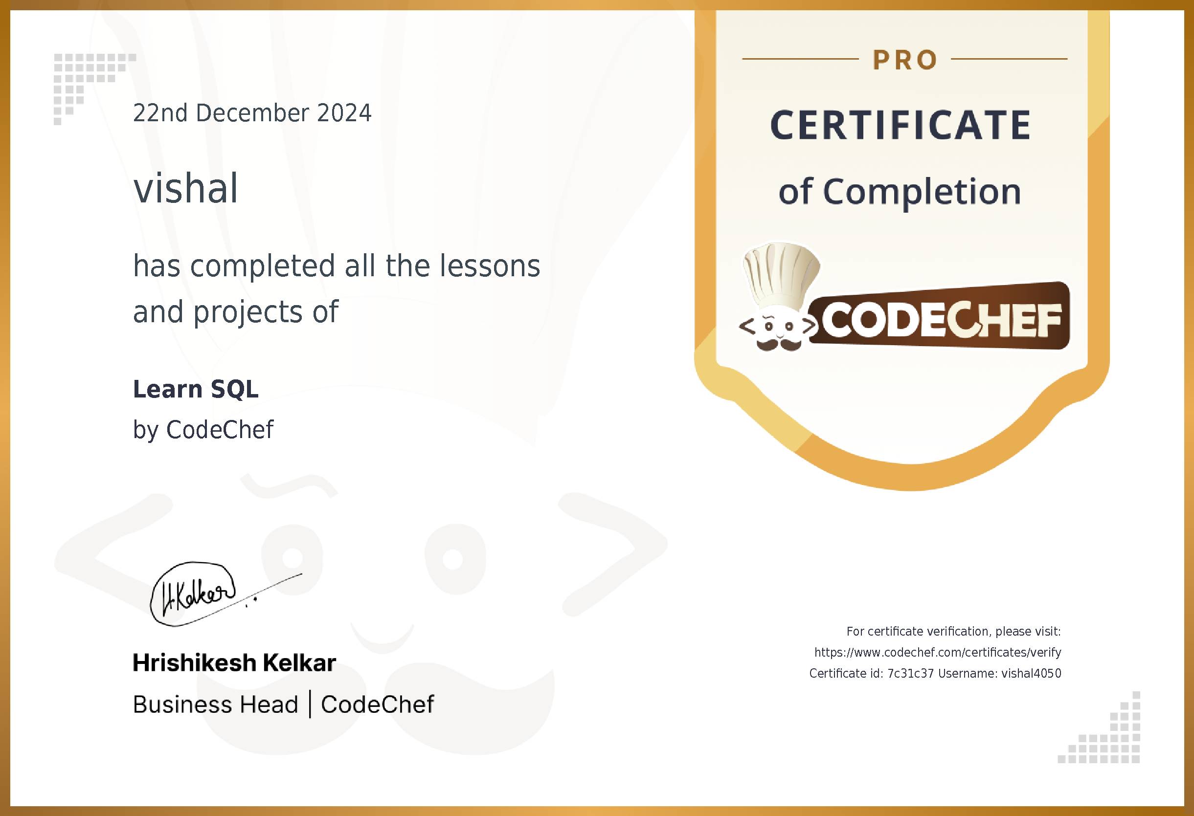 Awarded to vishal for completing <a href='/learn/course/sql'>Learn SQL</a>