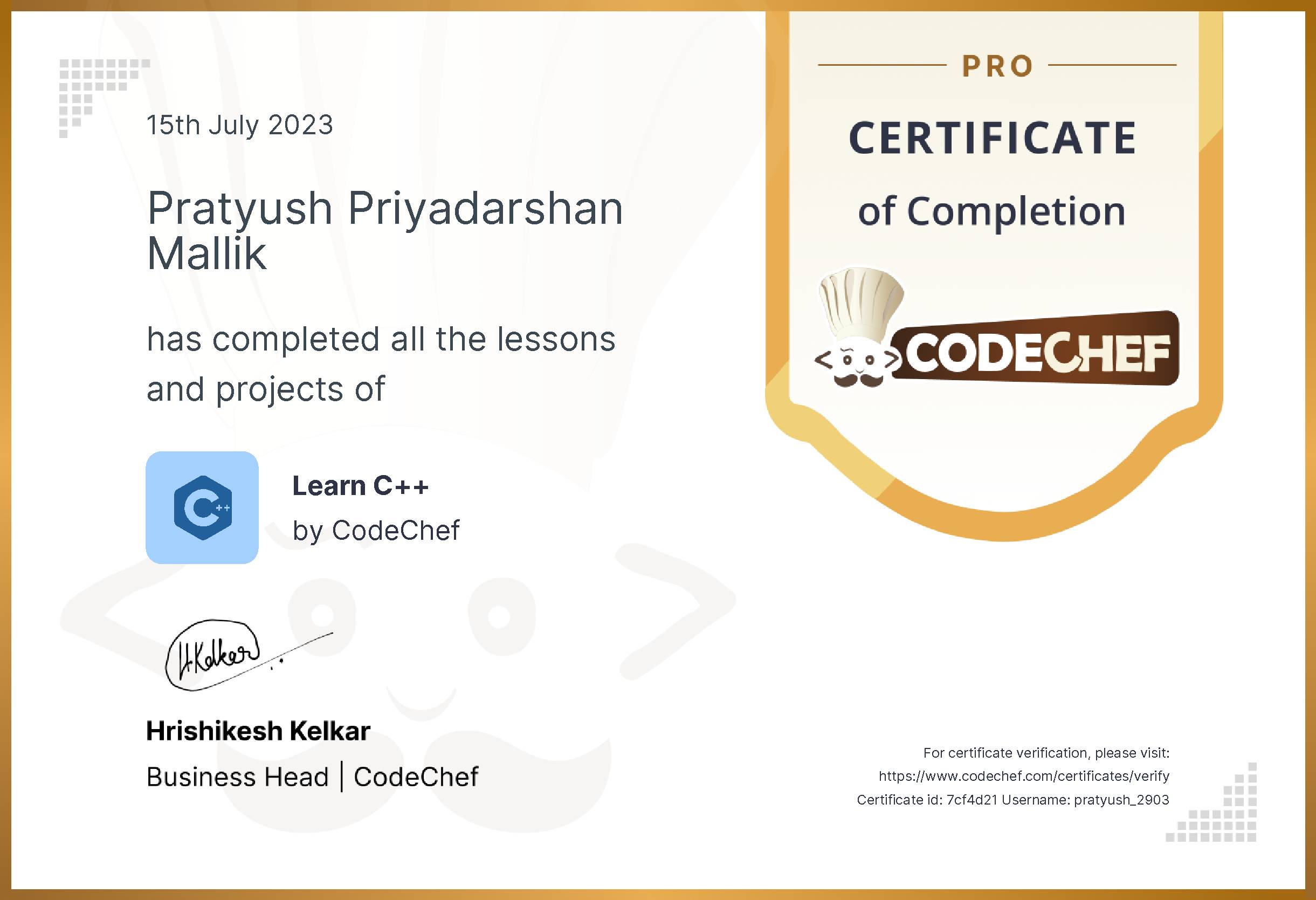 Awarded to Pratyush Priyadarshan Mallik for completing <a href='/learn/course/cpp-old'>Learn C++ - Pro</a>