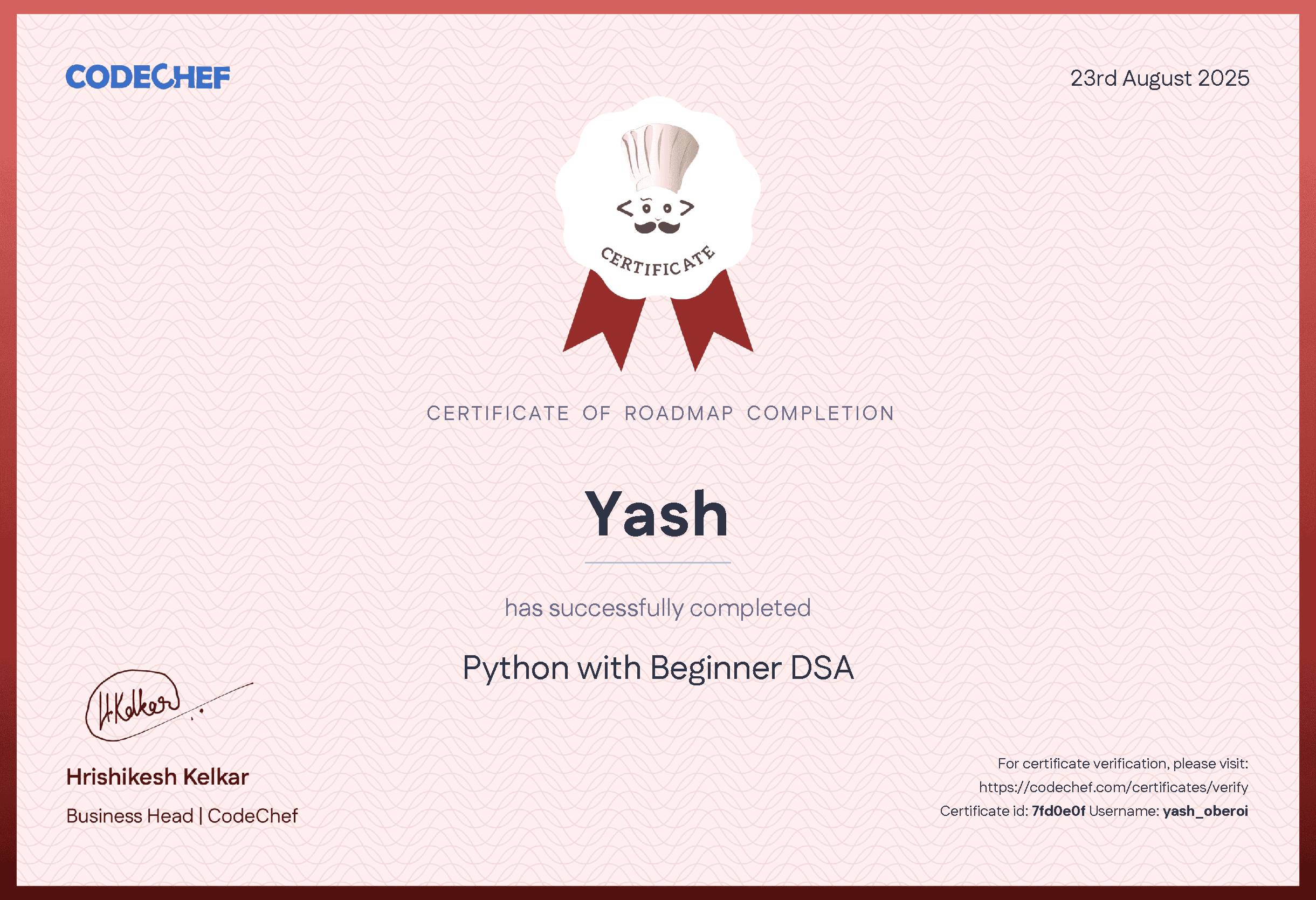 Awarded to Yash