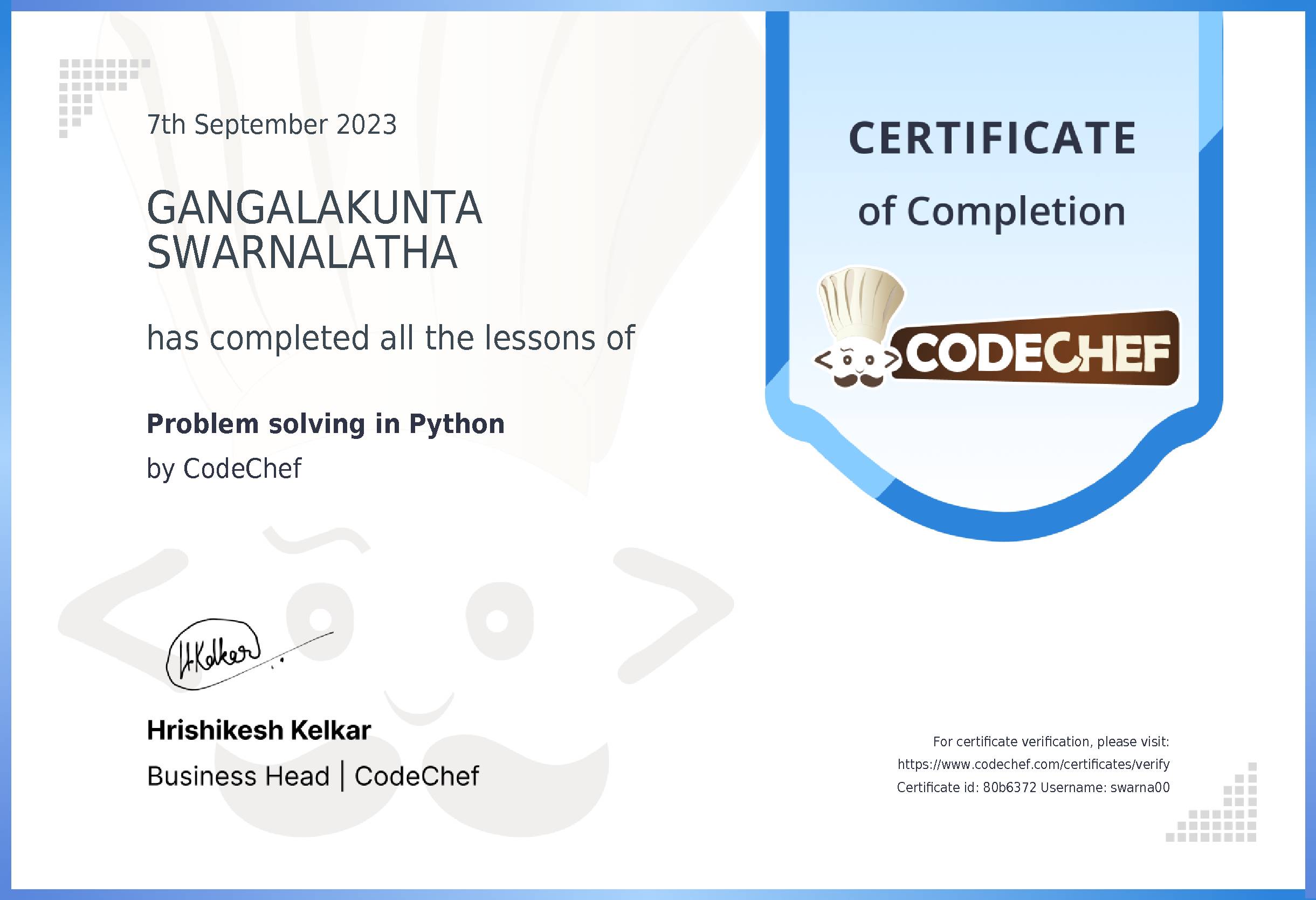 Awarded to GANGALAKUNTA SWARNALATHA for completing <a href='/learn/course/python-beginner-v2-p1'>Python for problem solving - 1</a>