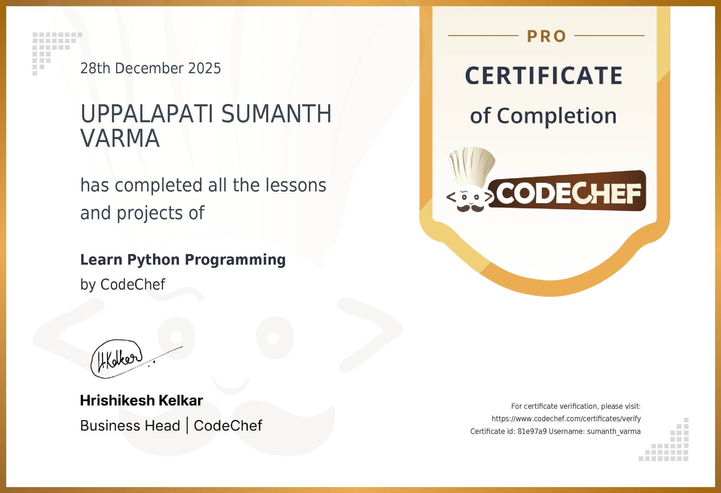 Awarded to UPPALAPATI SUMANTH VARMA for completing <a href='/learn/course/python'>Learn Python Programming</a>