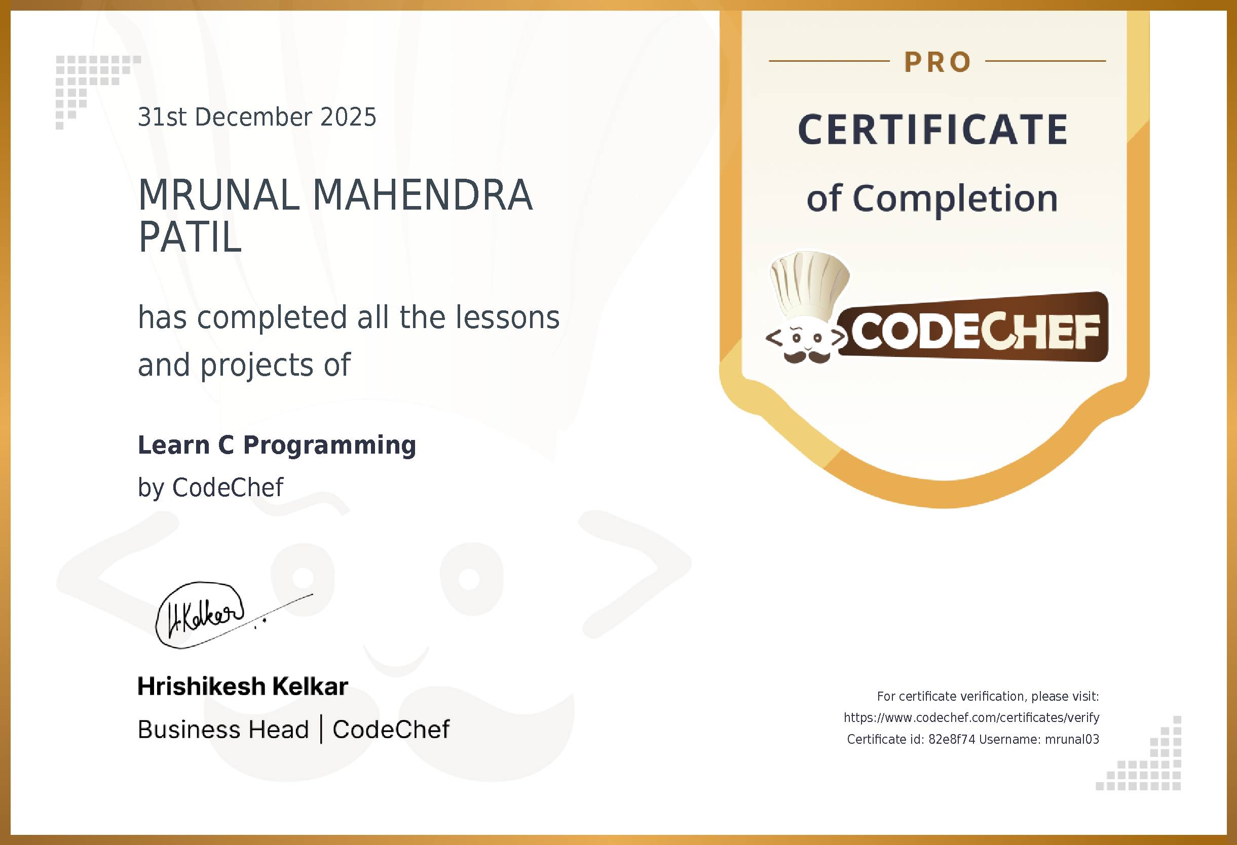 Awarded to MRUNAL MAHENDRA PATIL for completing <a href='/learn/course/rcpit-programming-c'>Learn C Programming</a>