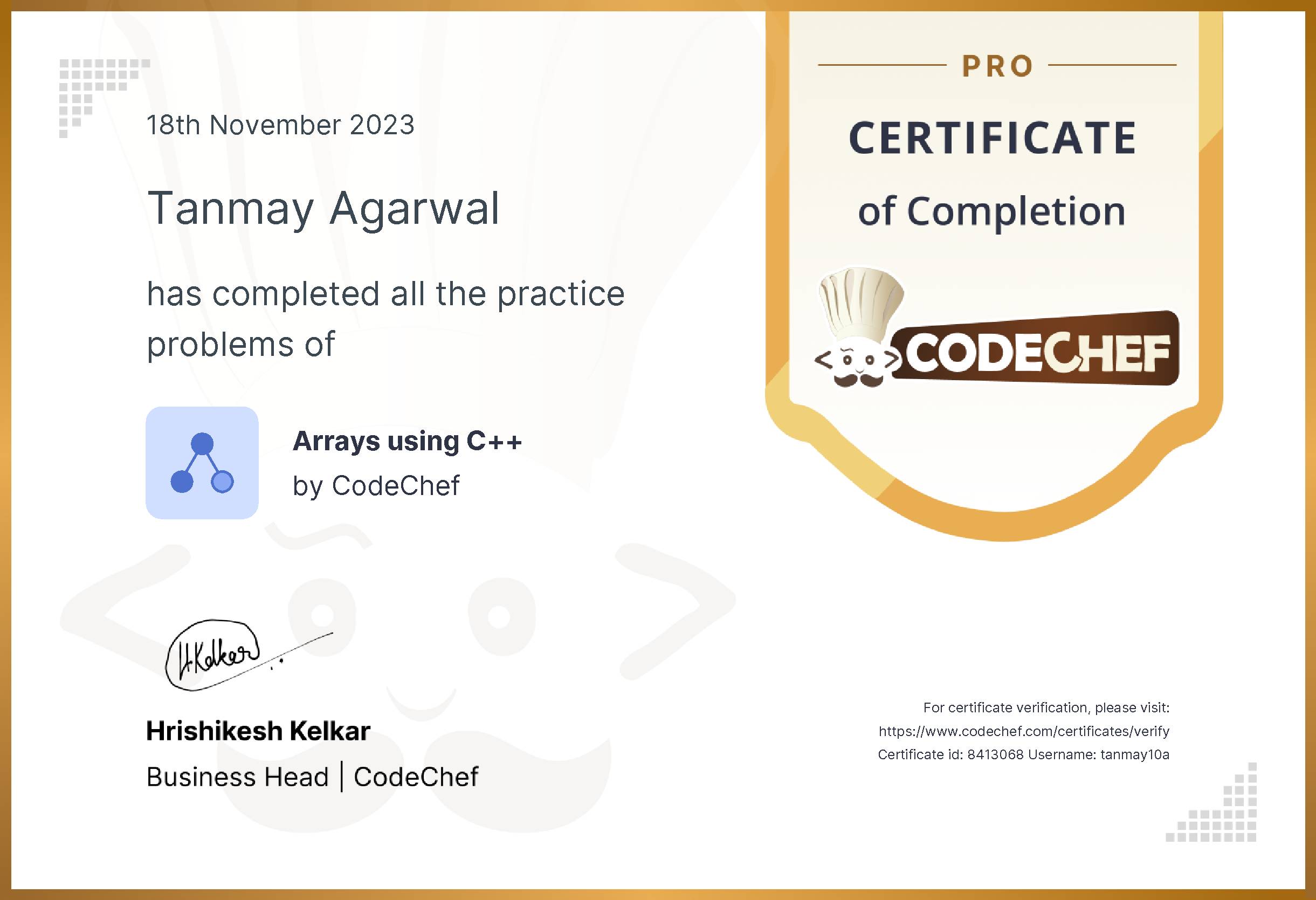 Awarded to Tanmay Agarwal for completing <a href='/practice/arrays-cpp'>Arrays using C++</a>