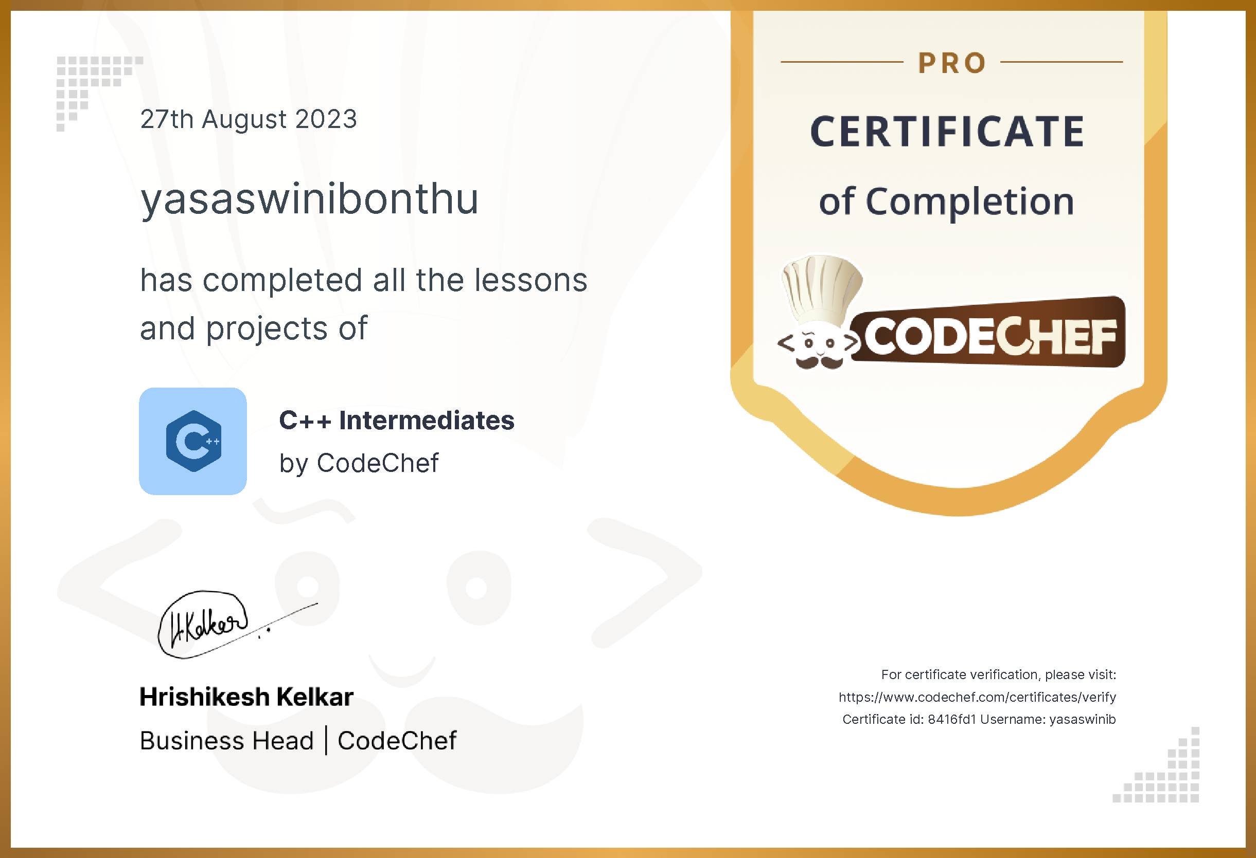 Awarded to yasaswinibonthu for completing <a href='/learn/course/cpp-beginner'>C++ Intermediates - Pro</a>