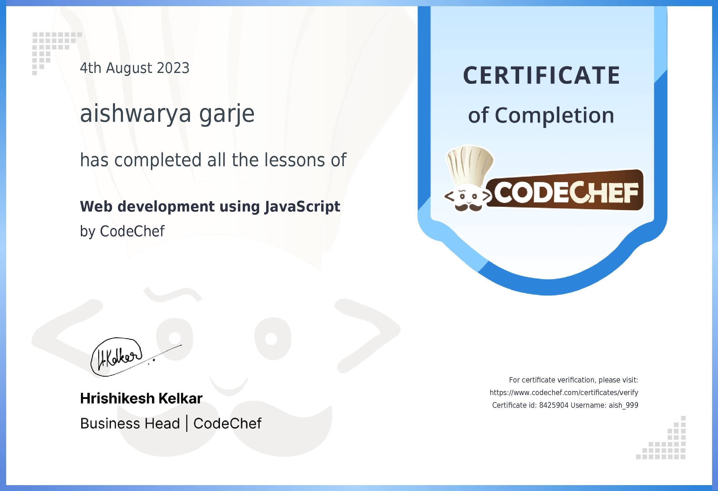 Awarded to aishwarya garje for completing <a href='/learn/course/web-dev-js-old'>Web development using JavaScript</a>