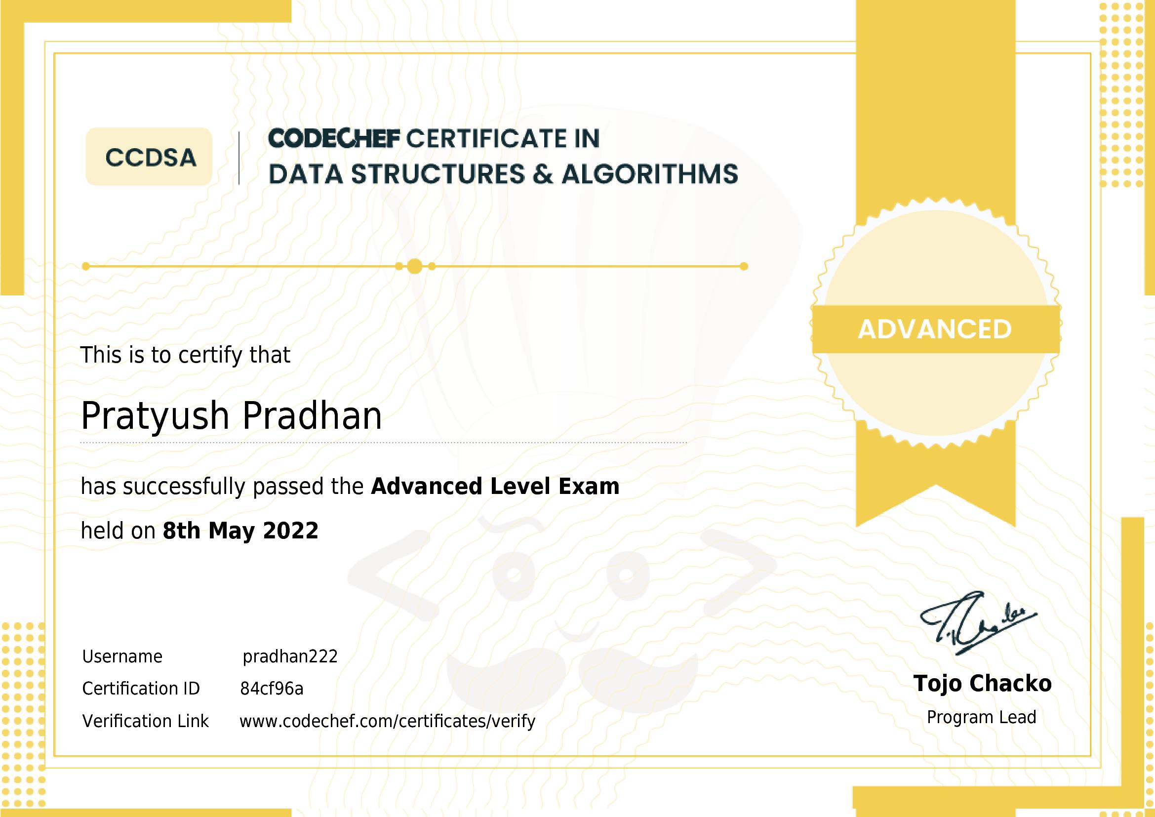 Awarded to Pratyush Pradhan