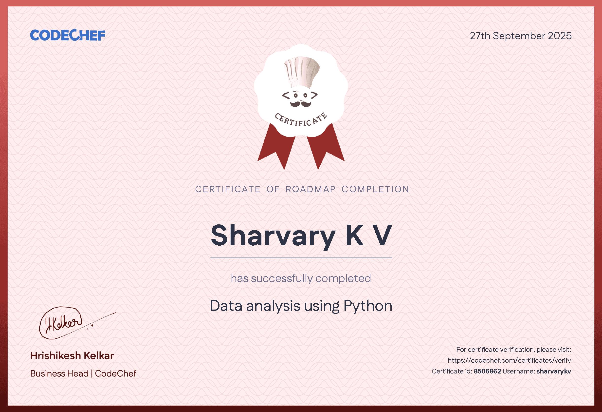 Awarded to Sharvary K V
