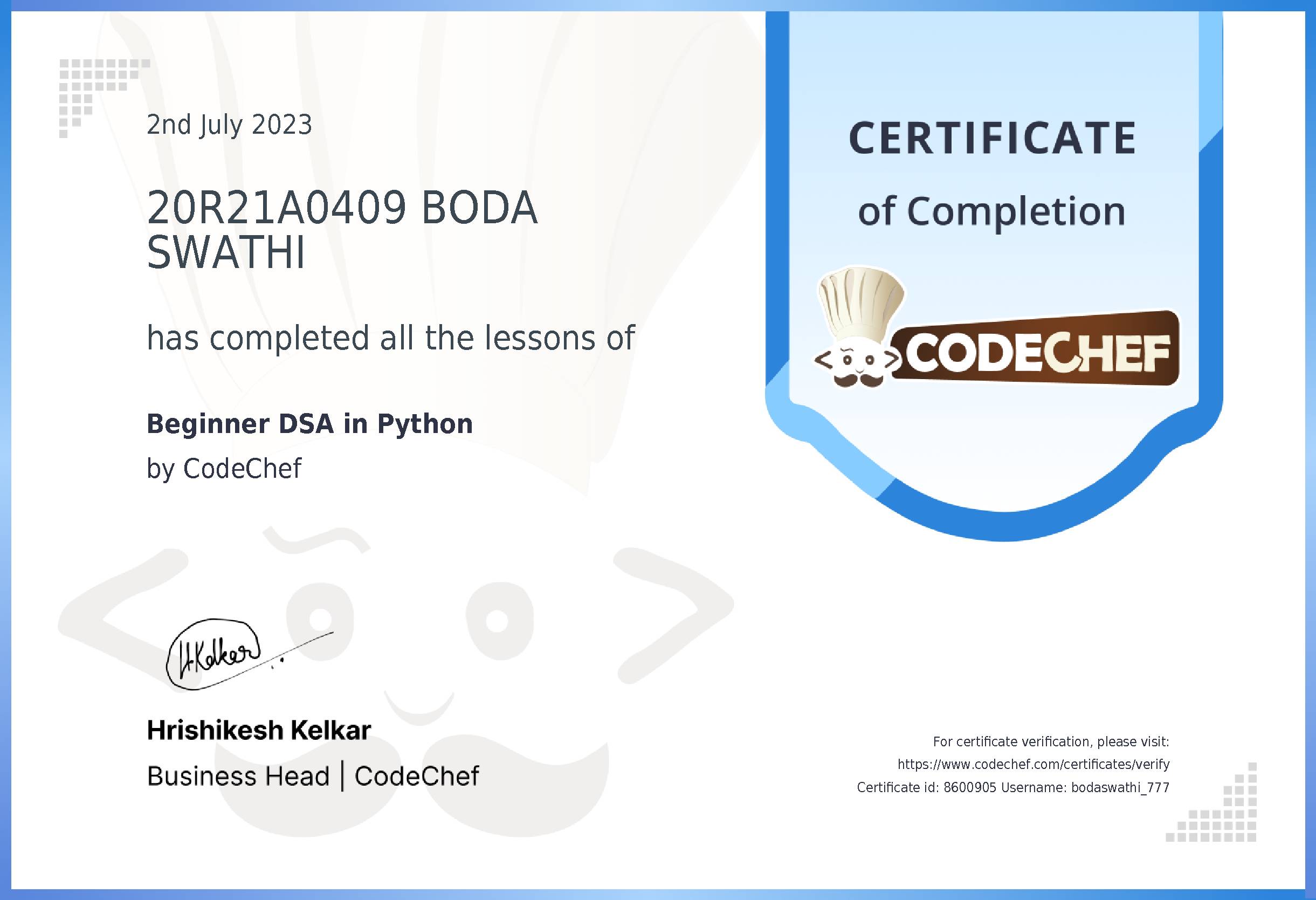Awarded to 20R21A0409 BODA SWATHI for completing <a href='/learn/course/python-beginner-v2-p2'>Python for problem solving - 2</a>