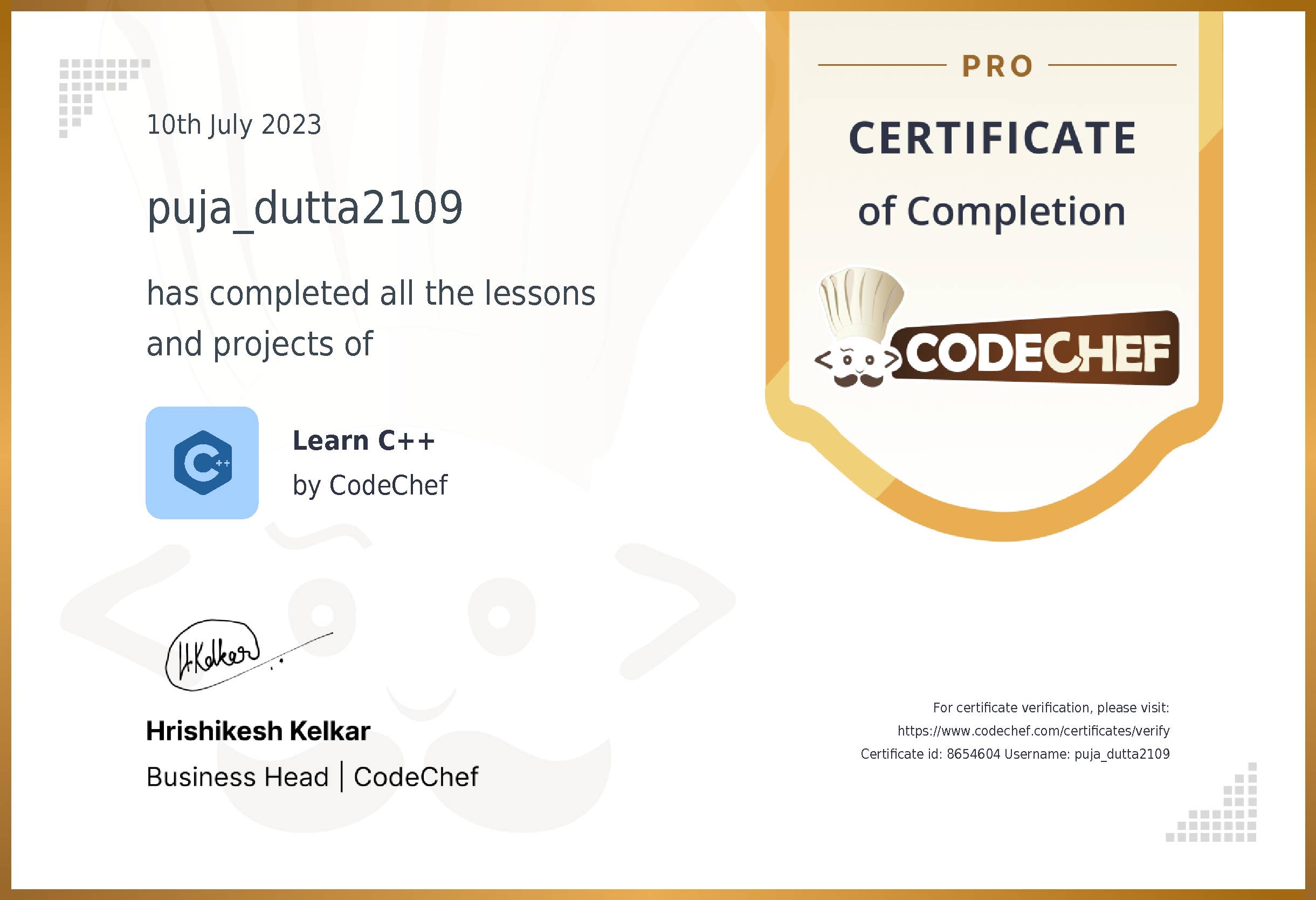 Awarded to puja_dutta2109 for completing <a href='/learn/course/cpp-old'>Learn C++ - Pro</a>