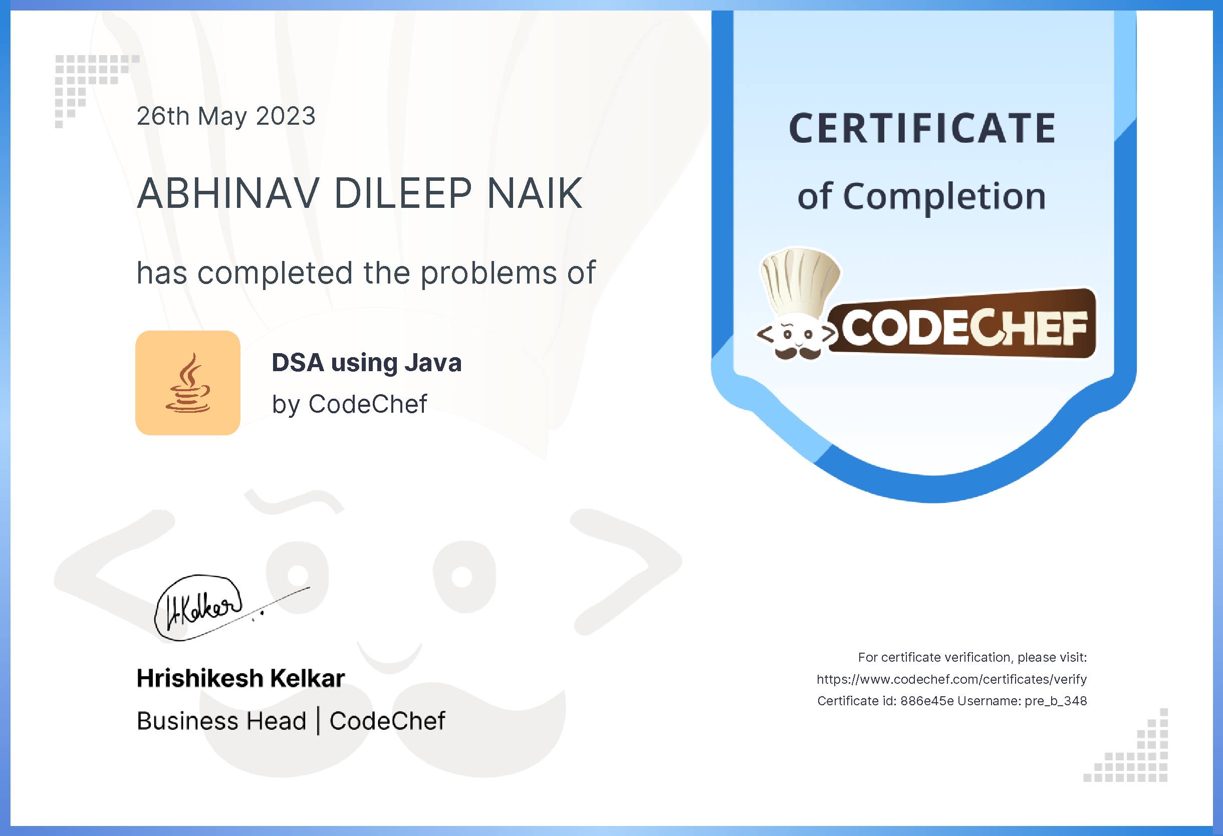 Awarded to ABHINAV DILEEP NAIK