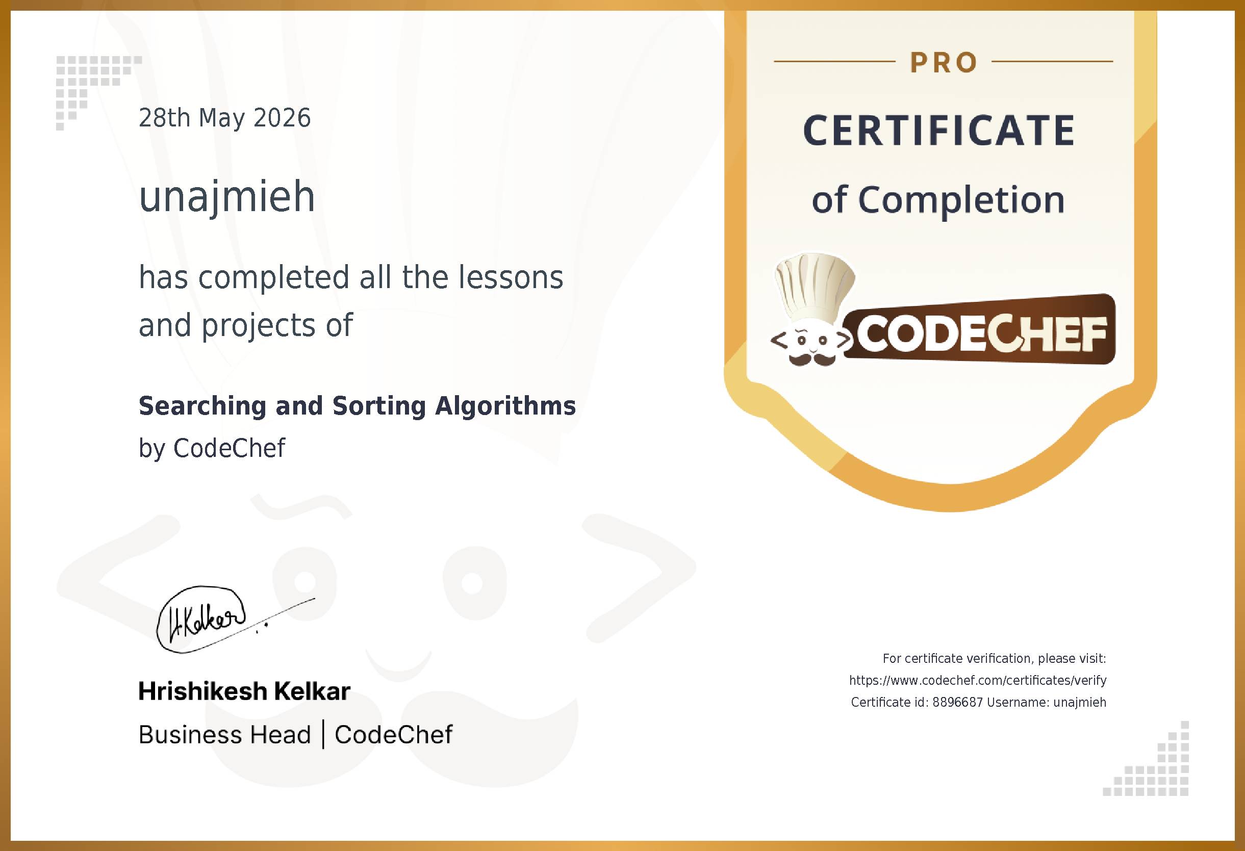 Awarded to unajmieh for completing <a href='/learn/course/searching-sorting'>Searching and Sorting Algorithms</a>