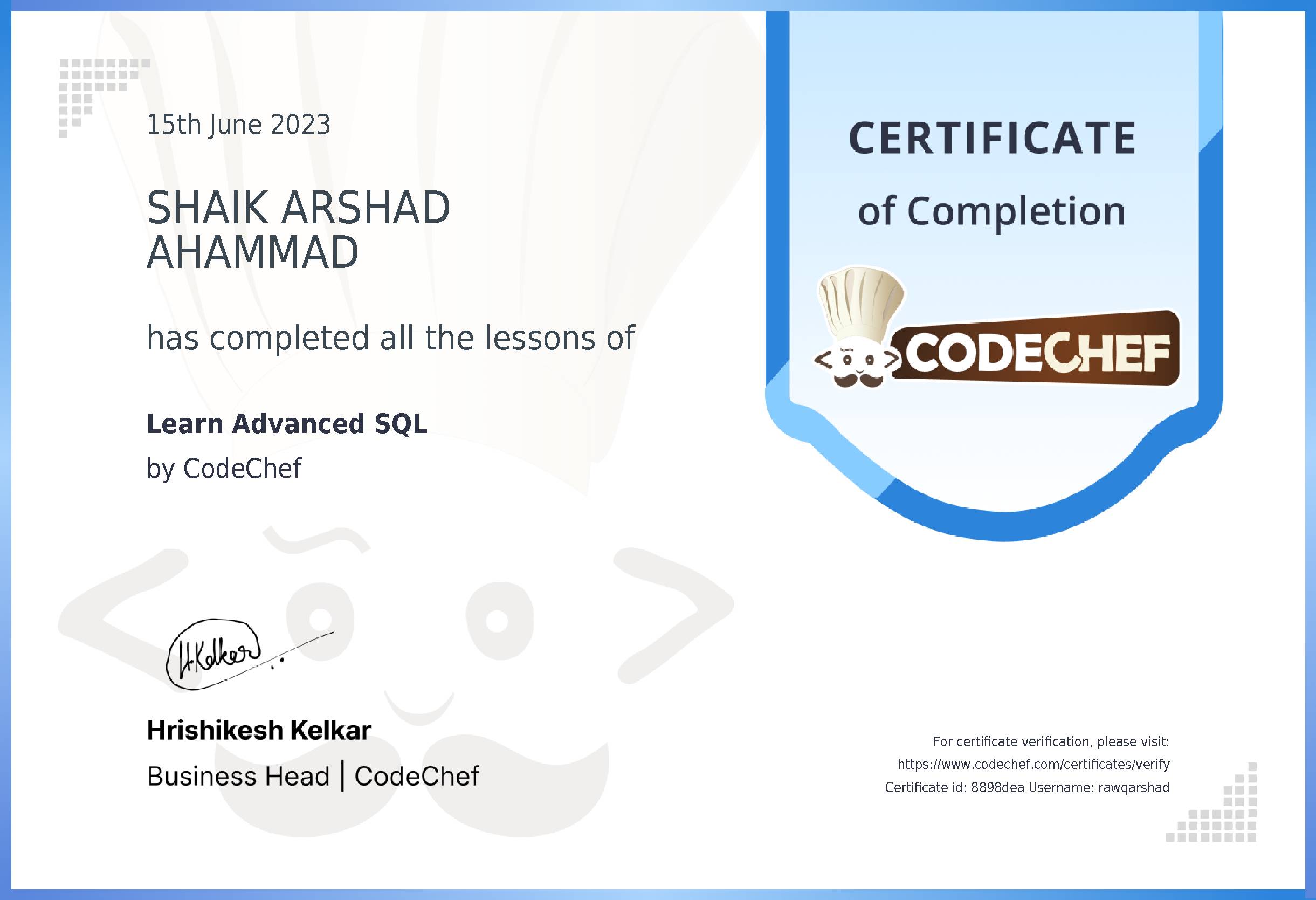 Awarded to SHAIK ARSHAD AHAMMAD for completing <a href='/learn/course/sql-intermediate'>SQL Intermediate</a>