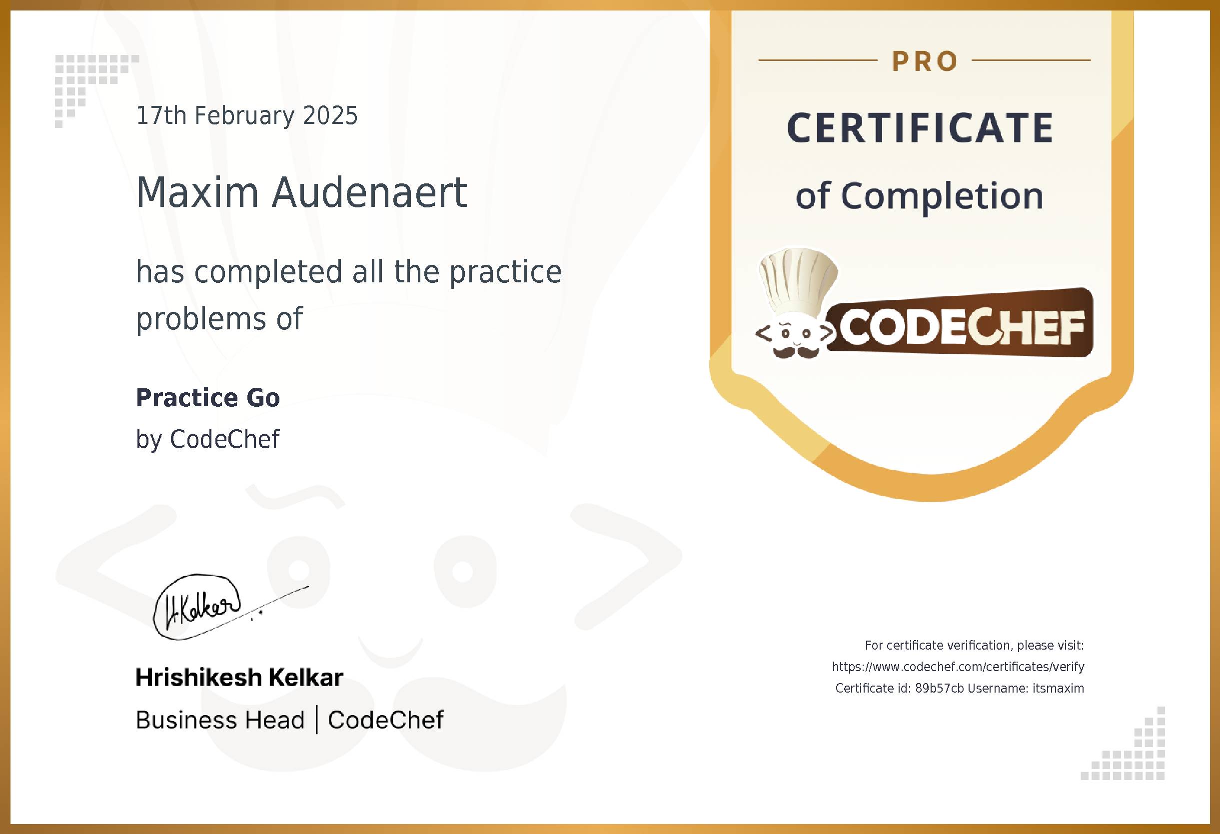 Awarded to Maxim Audenaert for completing <a href='/practice/go'>Practice Go</a>