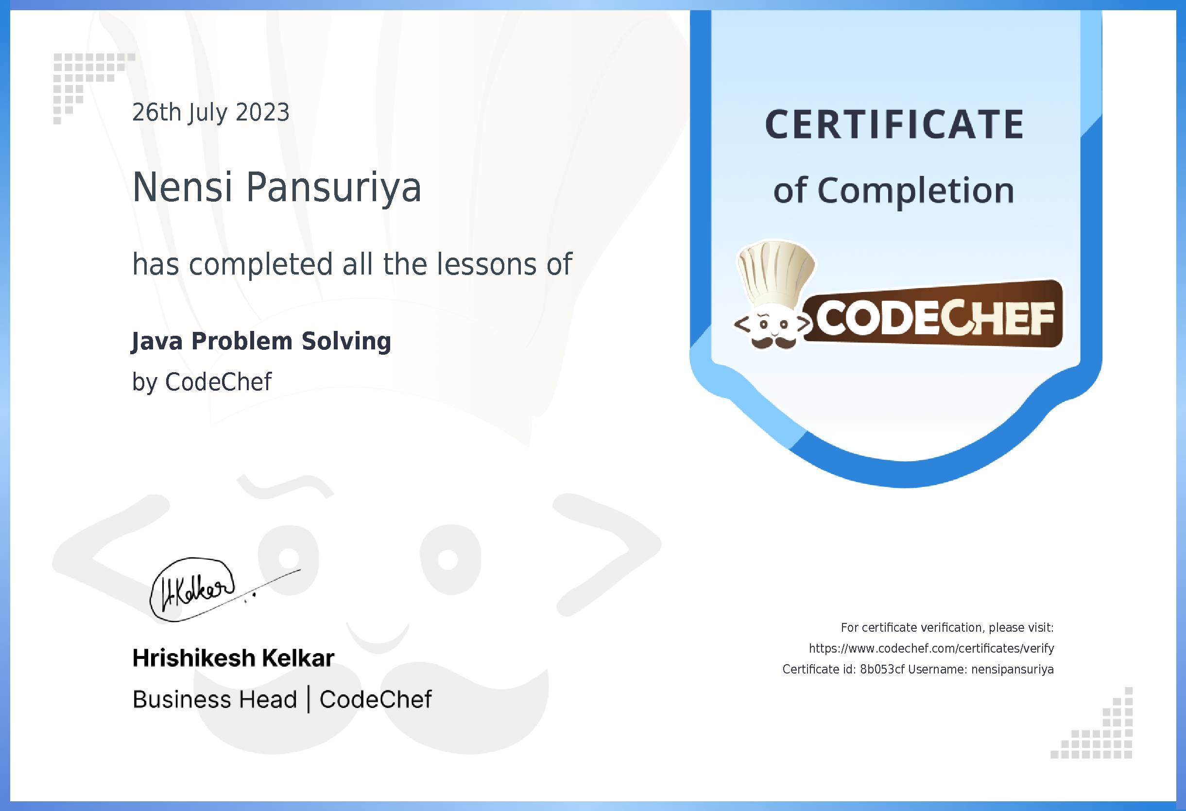 Awarded to Nensi Pansuriya for completing <a href='/learn/course/java-beginner-v2-p1'>Java for problem solving - 1</a>