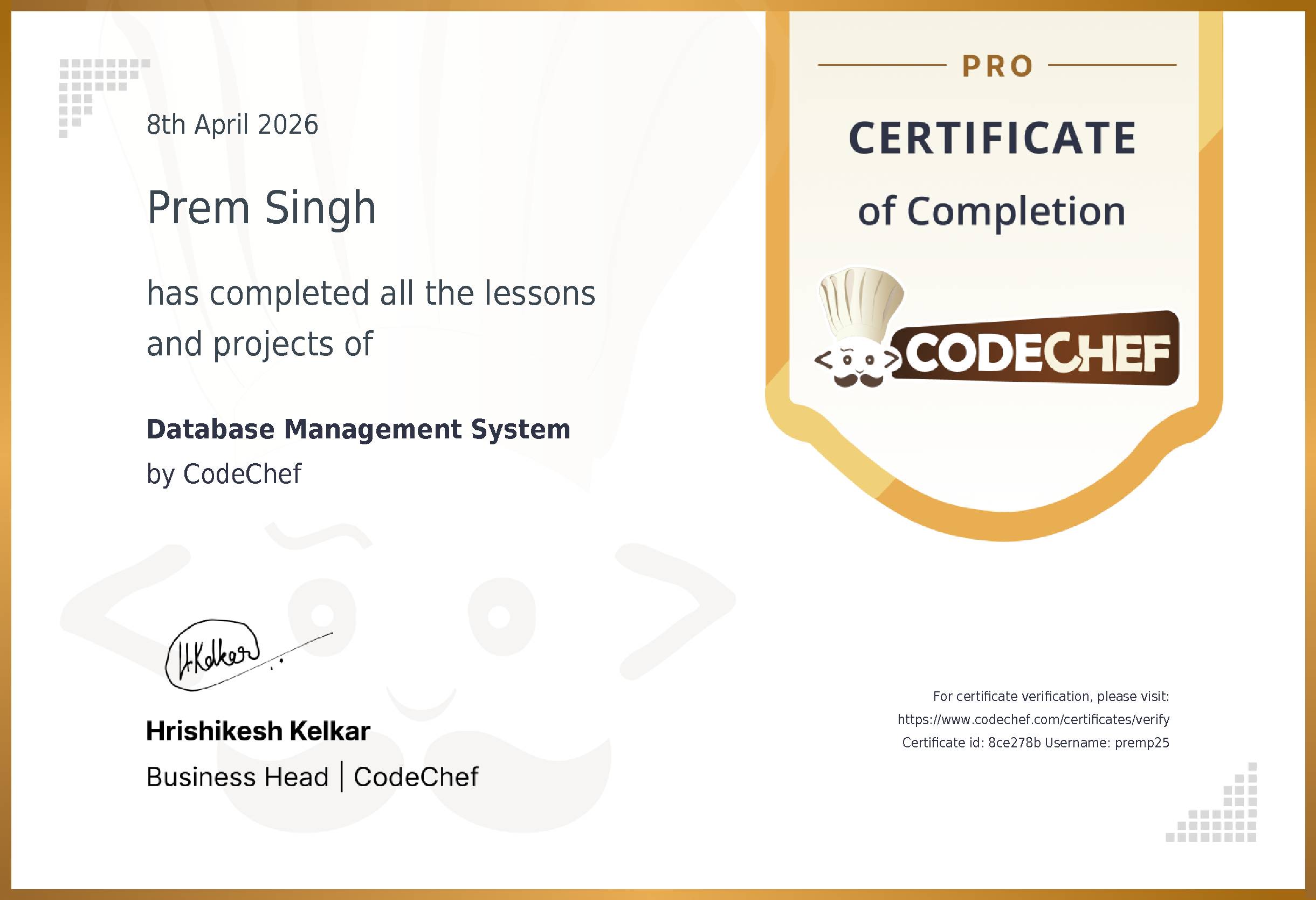 Awarded to Prem Singh for completing <a href='/learn/course/polaris-dbms2'>Database Management System</a>
