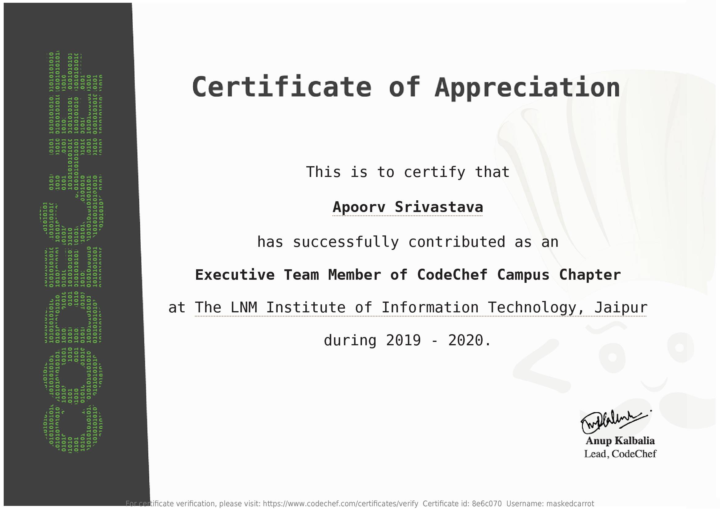 Awarded to Apoorv Srivastava