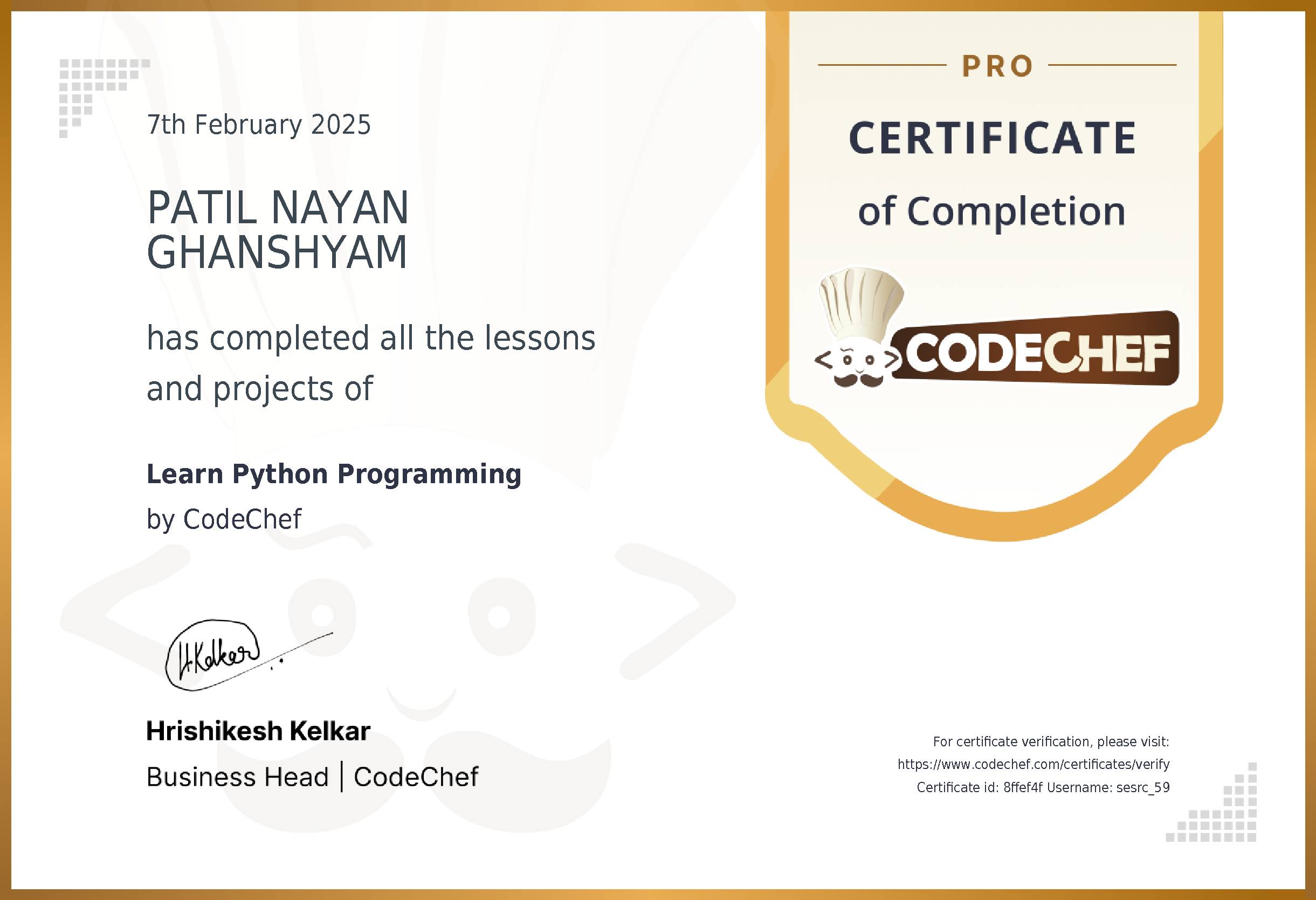 Awarded to PATIL NAYAN GHANSHYAM for completing <a href='/learn/course/python'>Learn Python Programming</a>