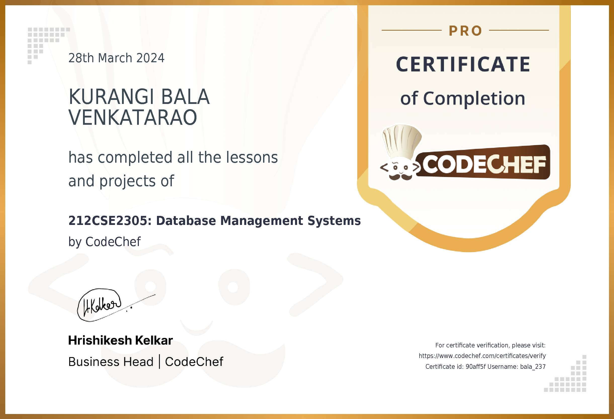 Awarded to KURANGI BALA VENKATARAO for completing <a href='/learn/course/kl-dbms-cs'>212CSE2305: DATABASE MANAGEMENT SYSTEMS</a>
