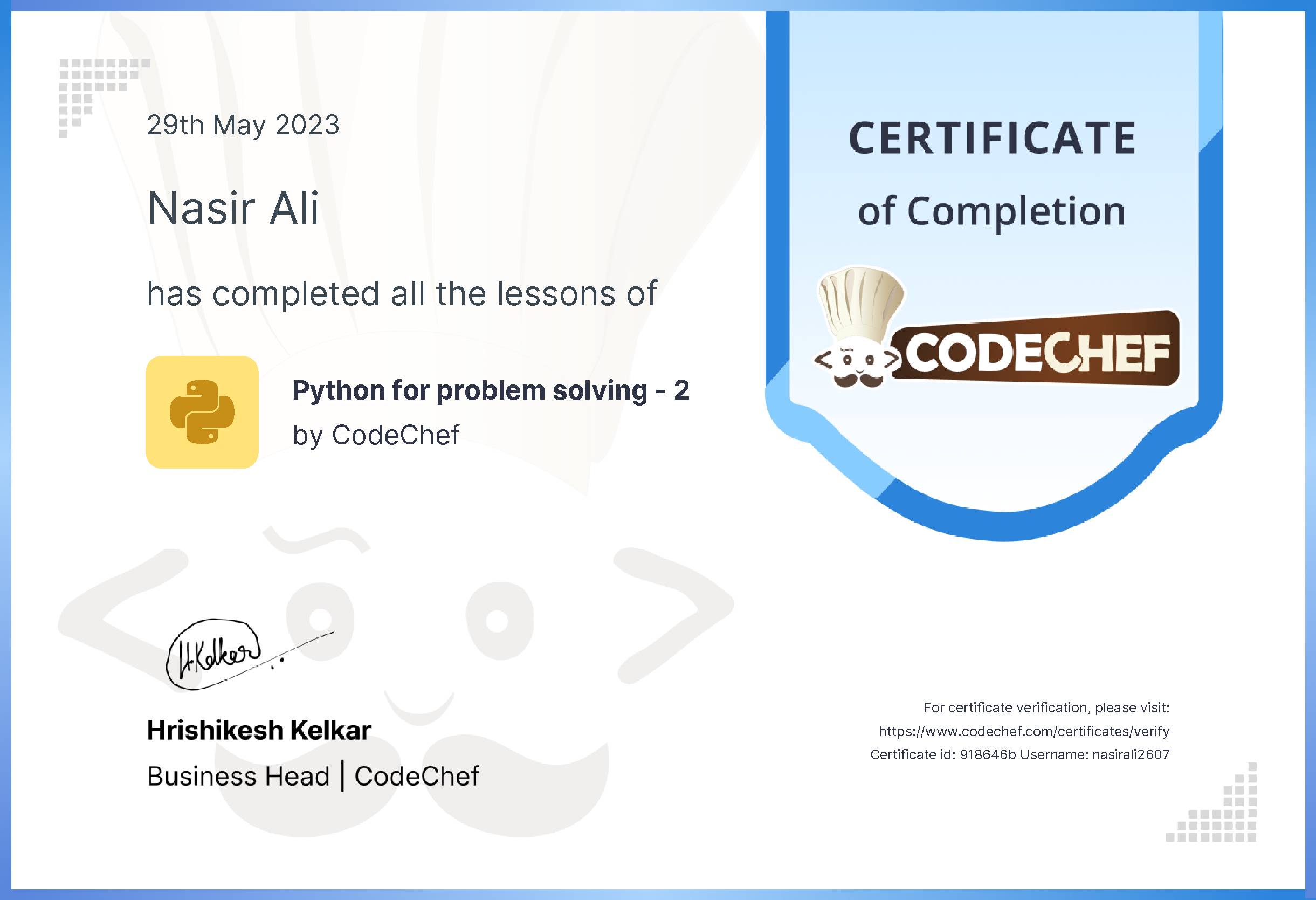 Awarded to Nasir Ali