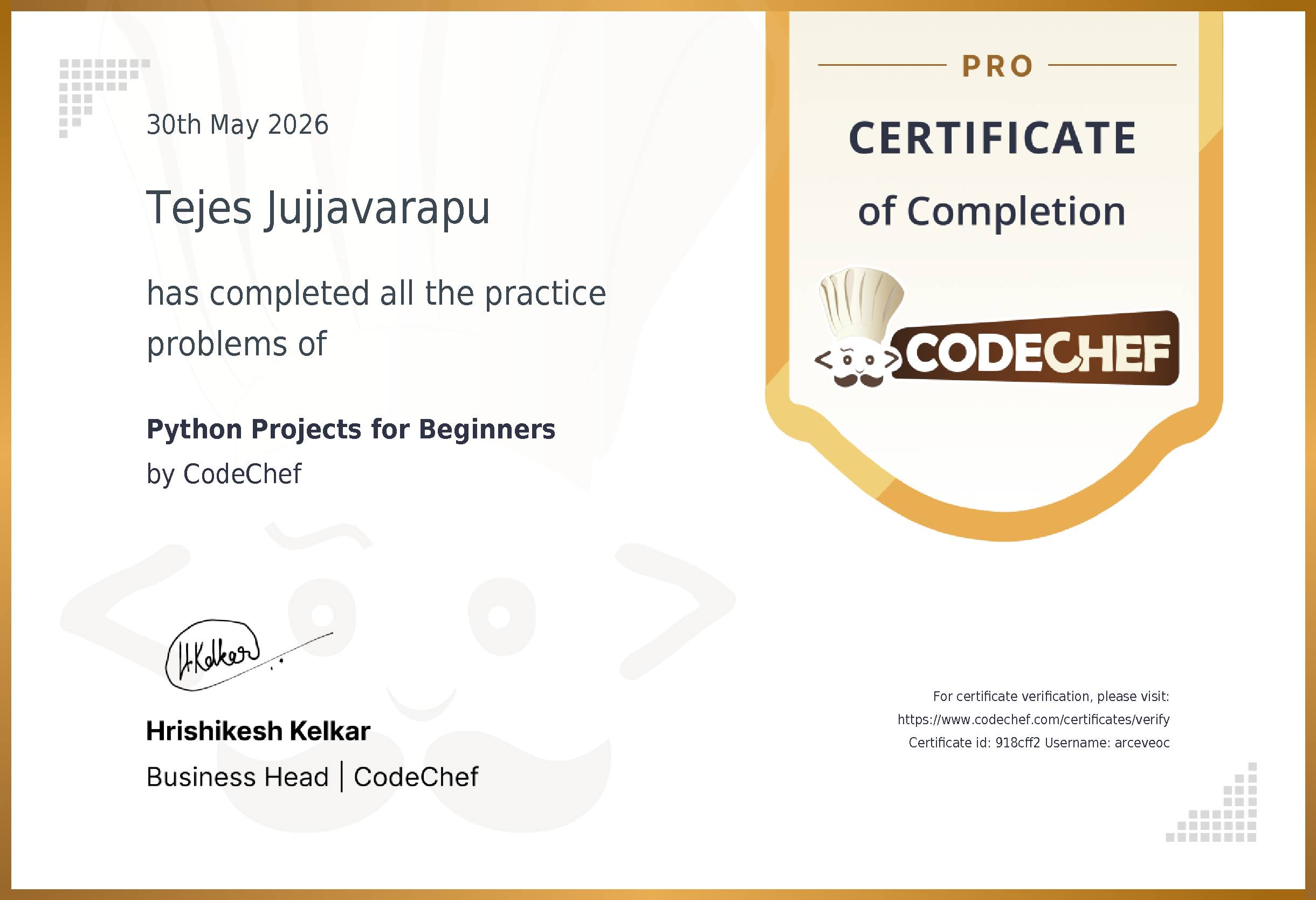 Awarded to Tejes Jujjavarapu for completing <a href='/practice/projects-python'>Python Projects for Beginners</a>