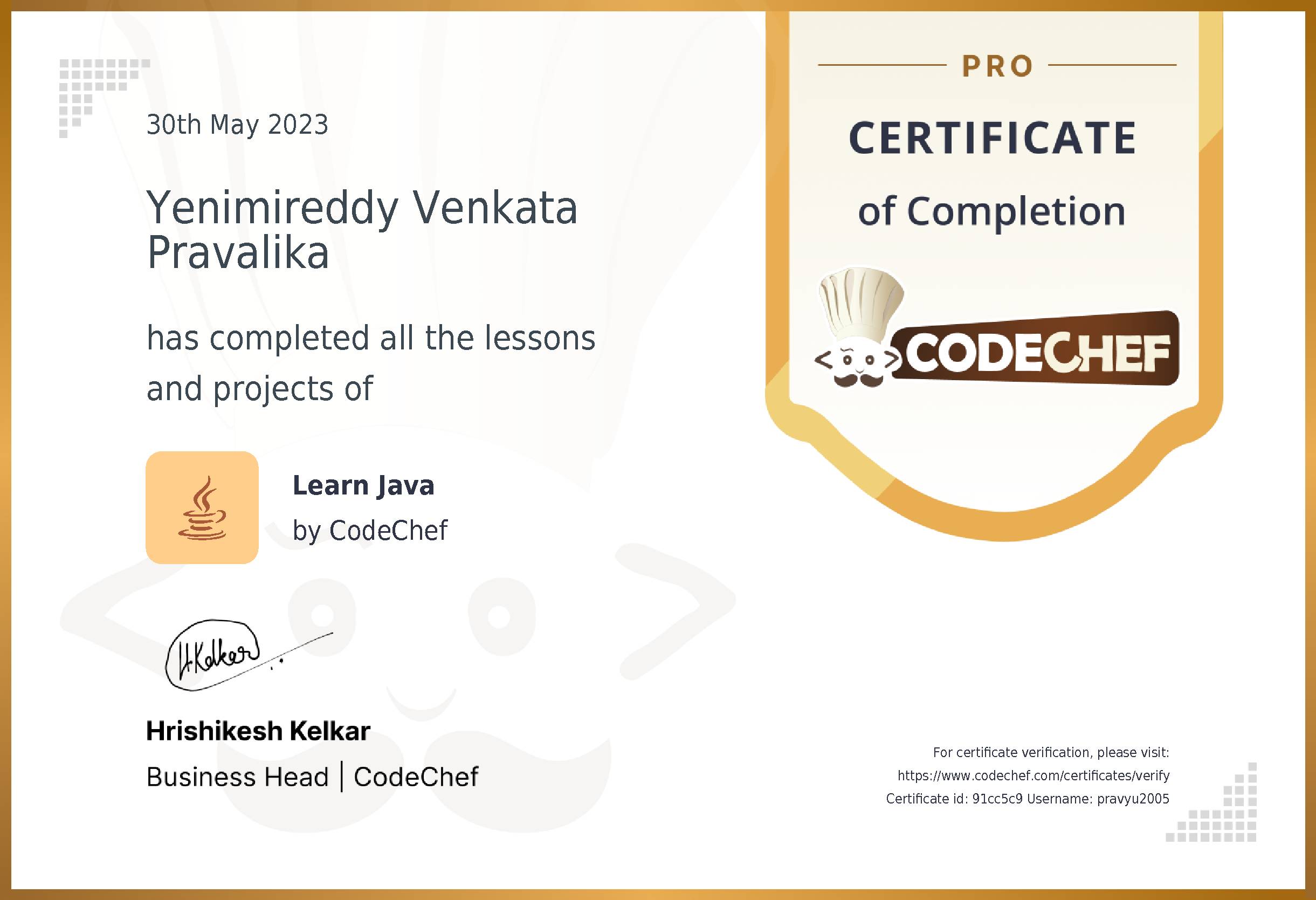 Awarded to Yenimireddy Venkata Pravalika for completing <a href='/learn/course/java-old'>Learn Java - Pro</a>