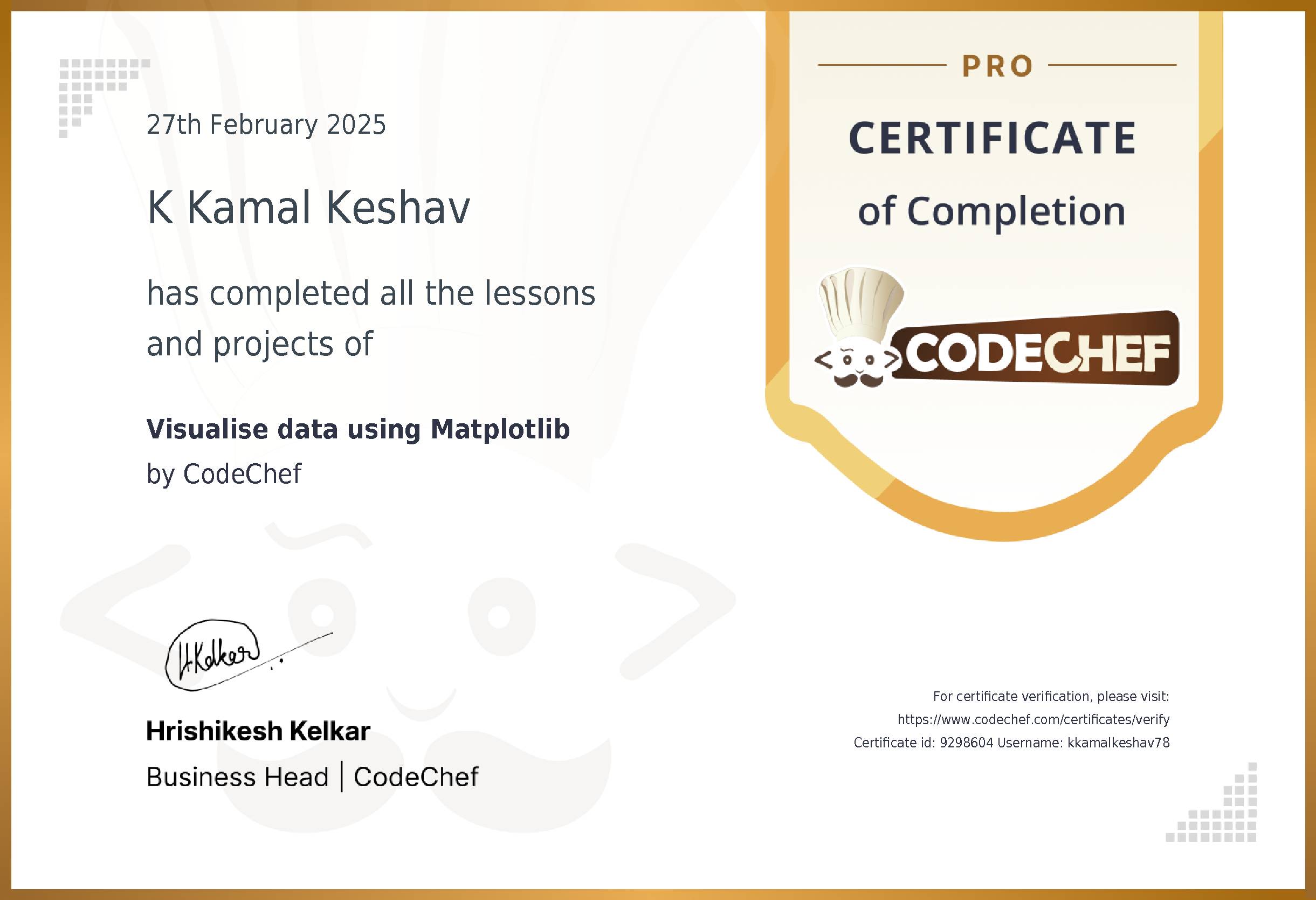 Awarded to K Kamal Keshav for completing <a href='/learn/course/matplotlib'>Visualise data using Matplotlib</a>