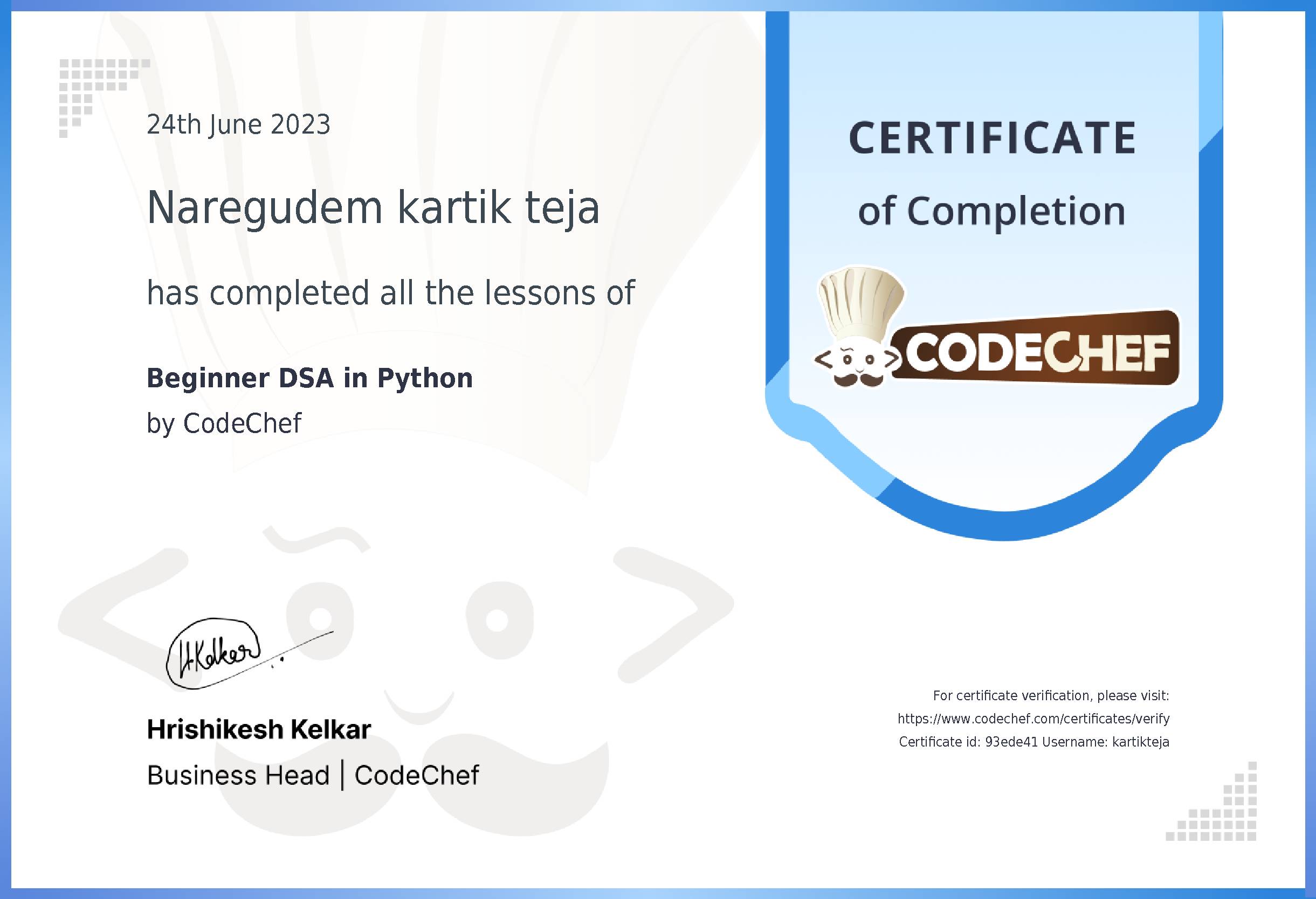 Awarded to Naregudem kartik teja for completing <a href='/learn/course/python-beginner-v2-p2'>Python for problem solving - 2</a>