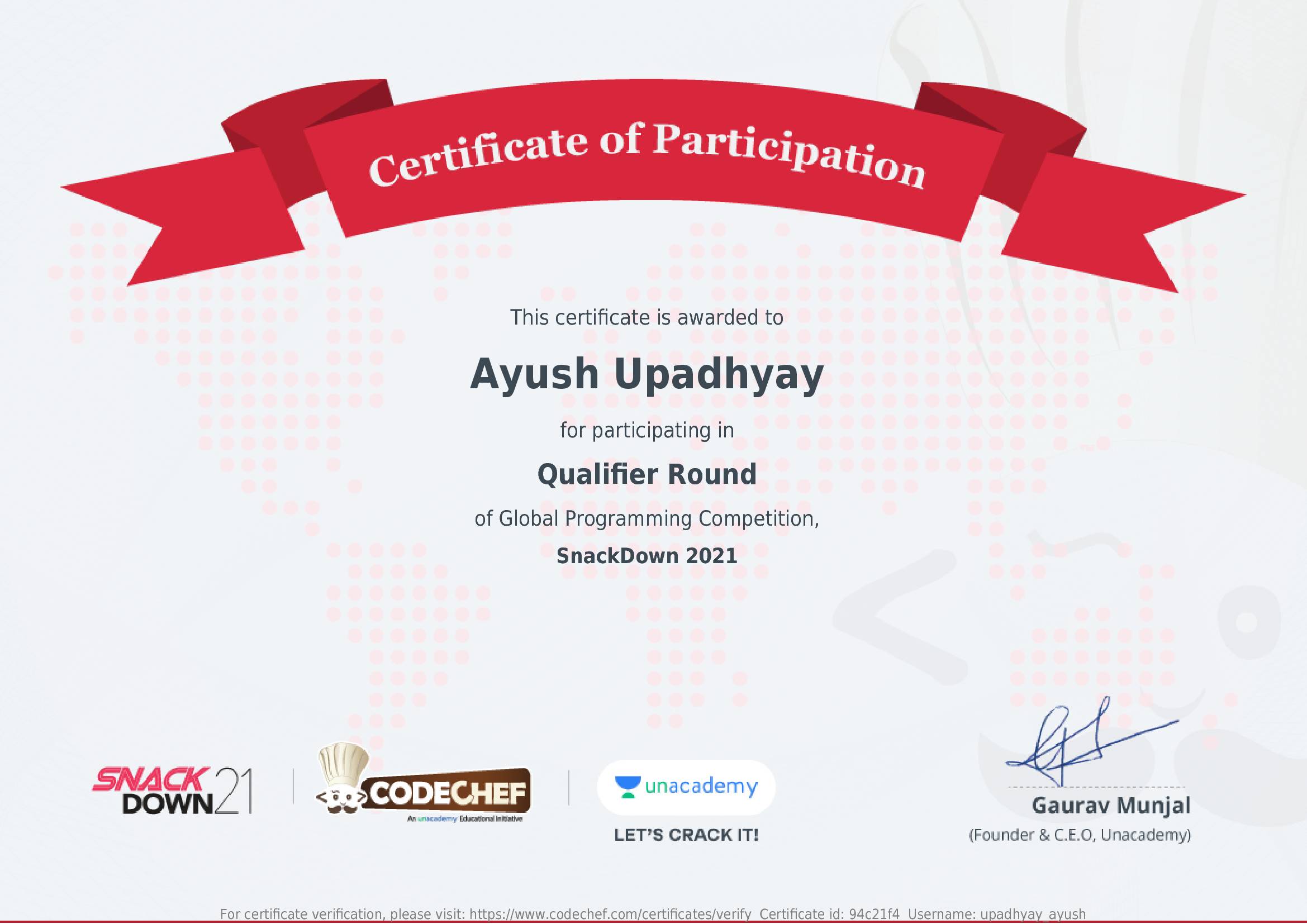 Awarded to Ayush Upadhyay
