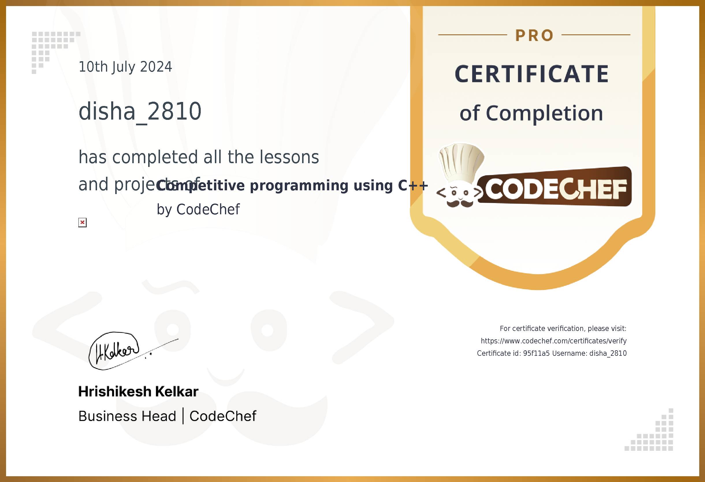 Awarded to disha_2810 for completing <a href='/learn/course/ncu-cp'>Competitive programming using C++</a>