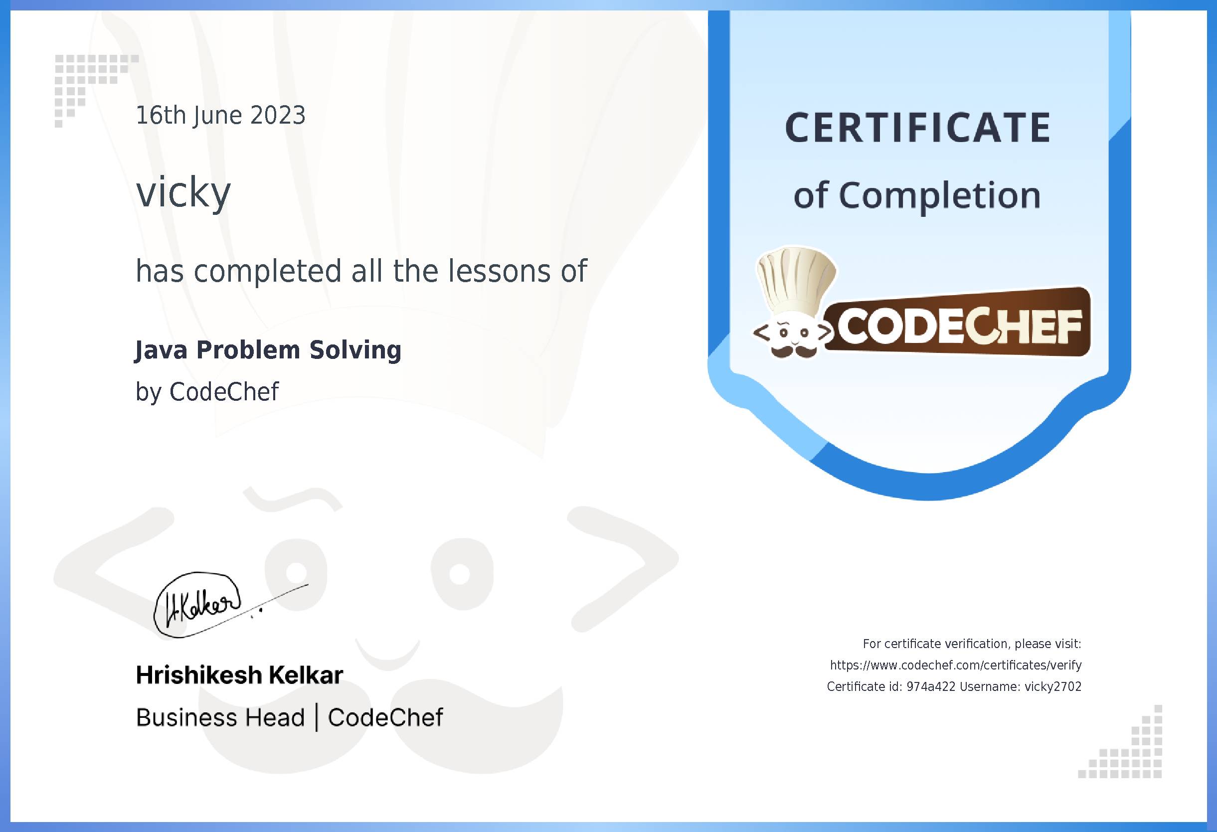 Awarded to vicky for completing <a href='/learn/course/java-beginner-v2-p1'>Java for problem solving - 1</a>