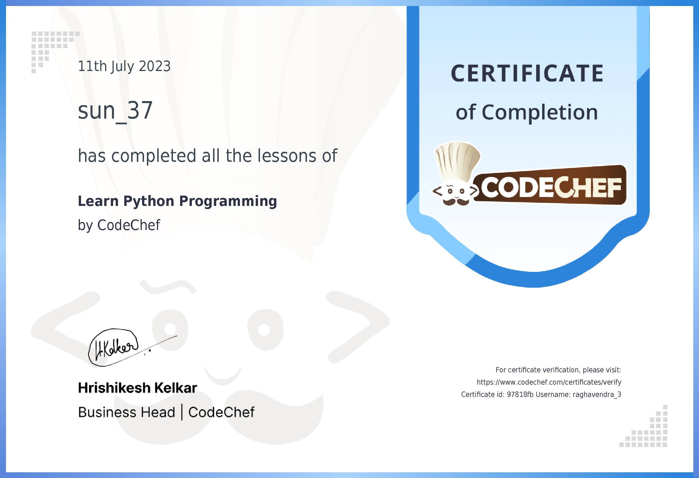 Awarded to sun_37 for completing <a href='/learn/course/python'>Learn Python</a>