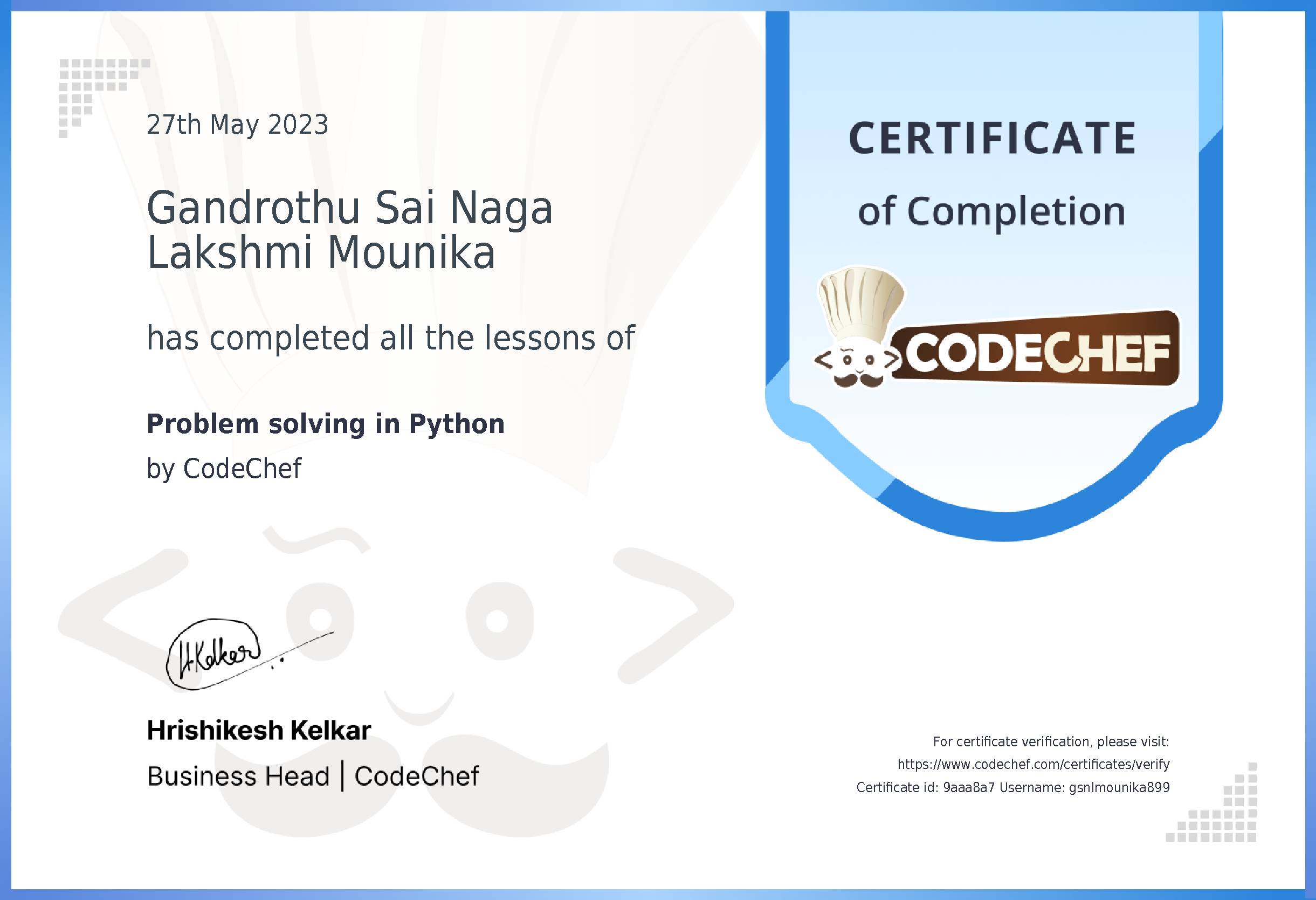 Awarded to Gandrothu Sai Naga Lakshmi Mounika for completing <a href='/learn/course/python-beginner-v2-p1'>Python for problem solving - 1</a>