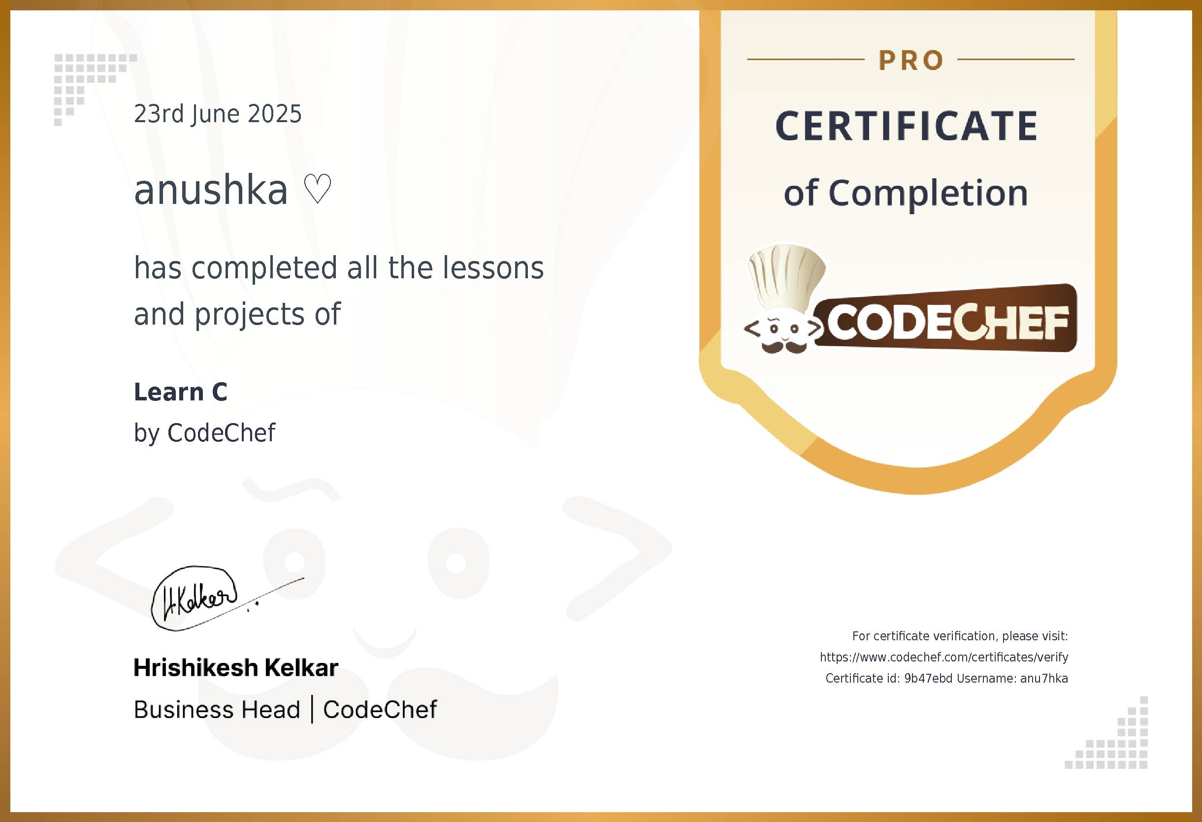 Awarded to anushka ? for completing <a href='/learn/course/c'>Learn C</a>