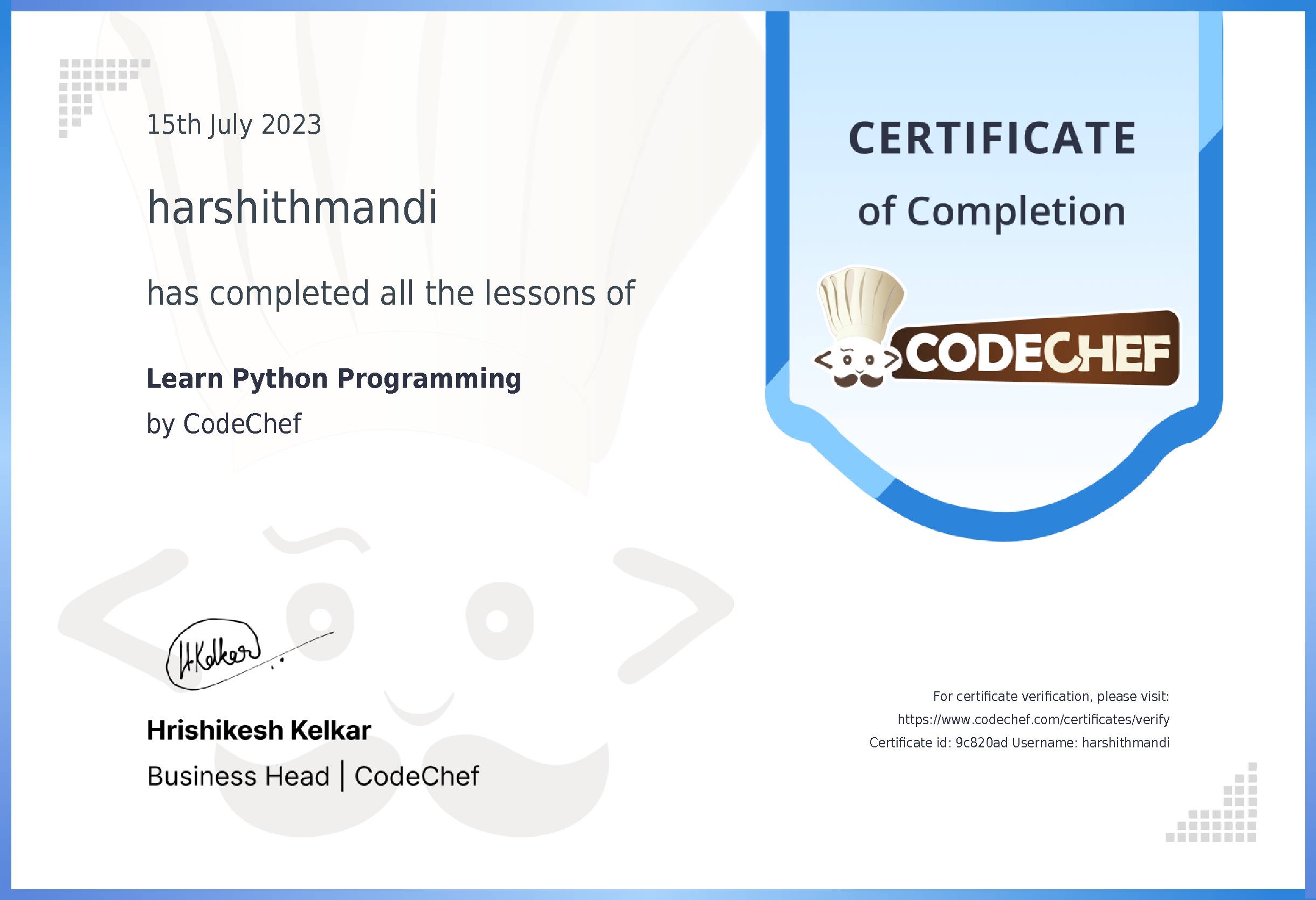 Awarded to harshithmandi for completing <a href='/learn/course/python'>Learn Python</a>