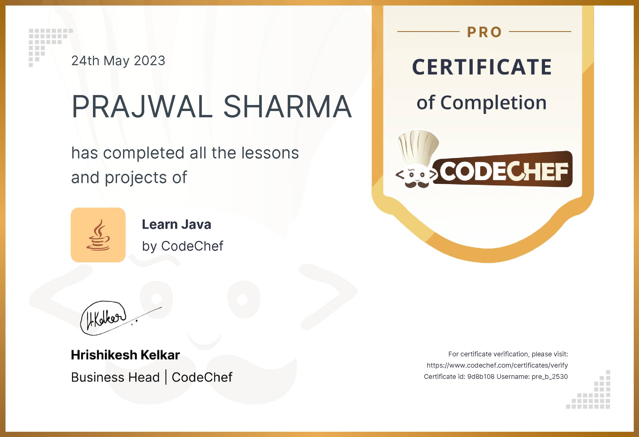 Awarded to PRAJWAL  SHARMA for completing <a href='/learn/course/java-old'>Learn Java - Pro</a>