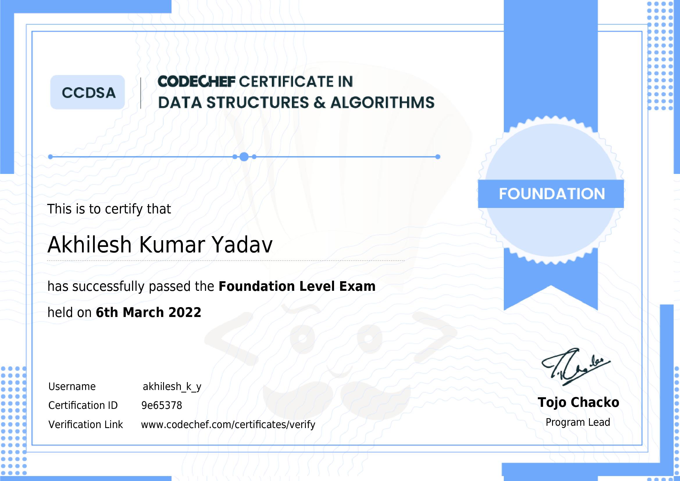 Awarded to Akhilesh Kumar Yadav