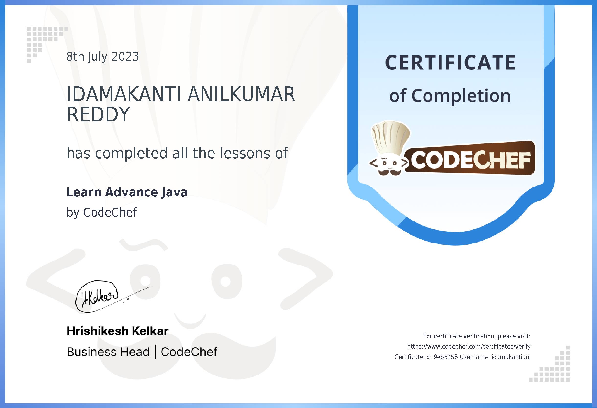 Awarded to IDAMAKANTI ANILKUMAR REDDY for completing <a href='/learn/course/advance-java'>Learn Advance Java</a>