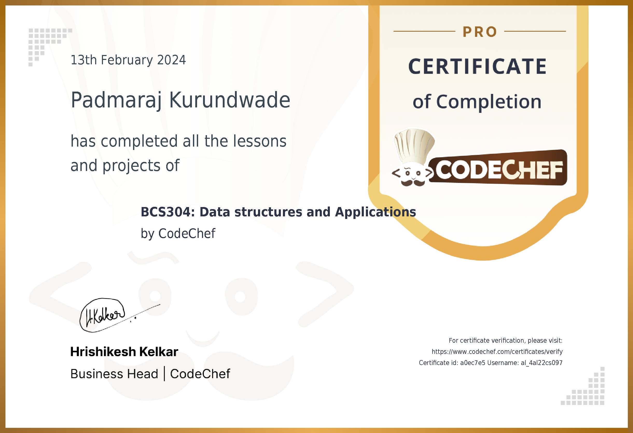 Awarded to Padmaraj Kurundwade for completing <a href='/learn/course/alvas-data-structures-c'>BCS304: Data structures and Applications</a>