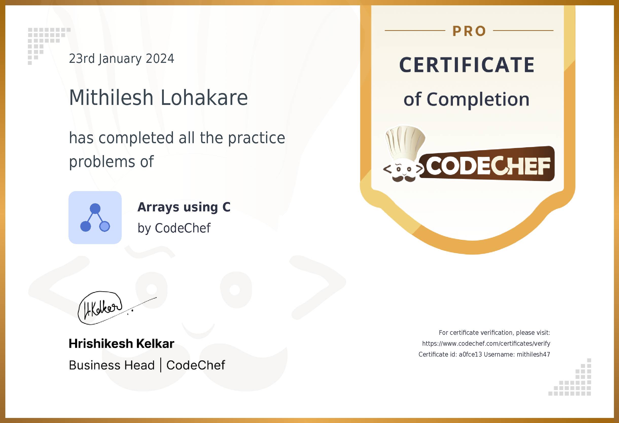 Awarded to Mithilesh Lohakare for completing <a href='/practice/arrays-c'>Arrays using C</a>