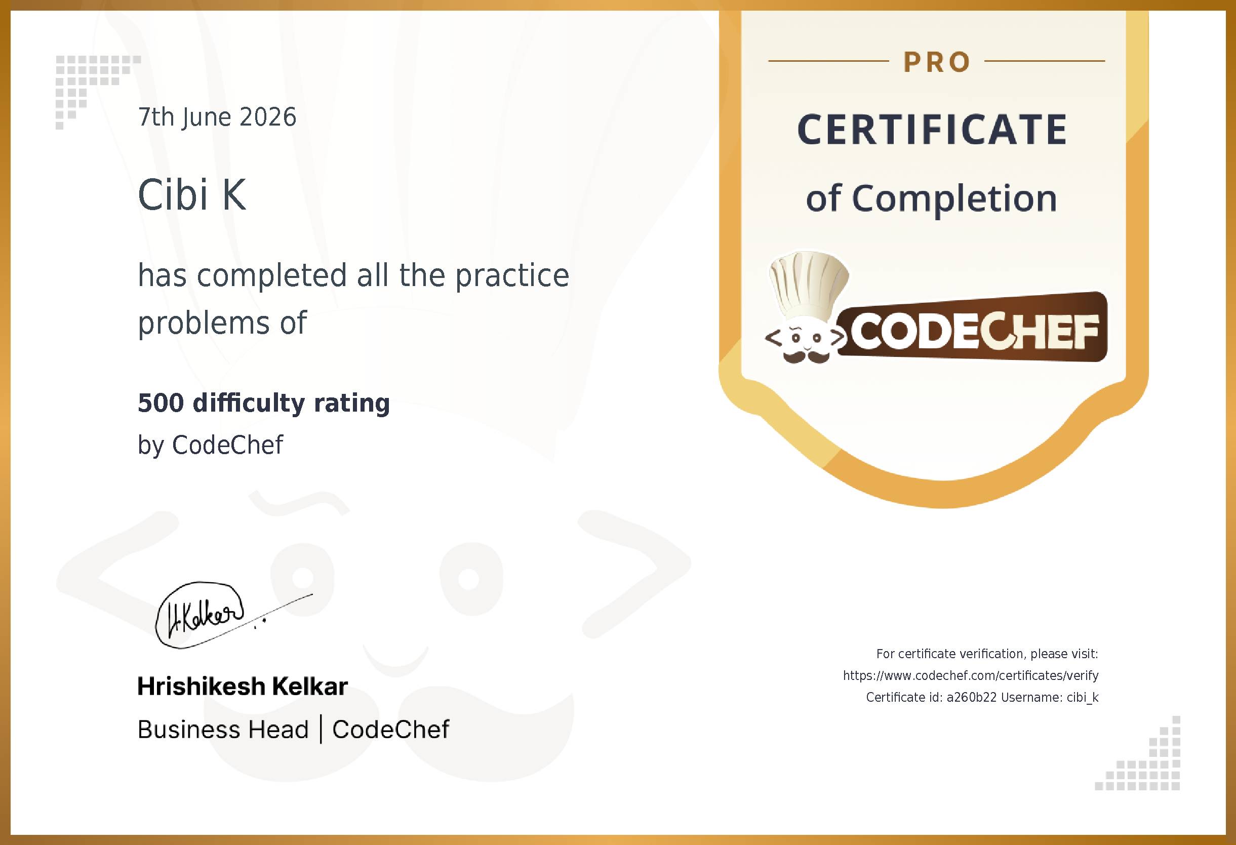 Awarded to Cibi K for completing <a href='/practice/basic-programming-concepts'>500 difficulty rating</a>