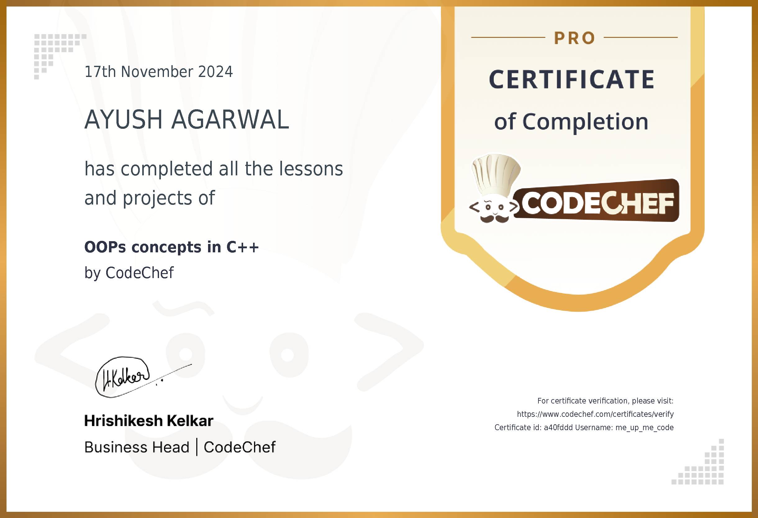 Awarded to AYUSH AGARWAL for completing <a href='/learn/course/college-oops-cpp'>OOPS concepts in C++</a>