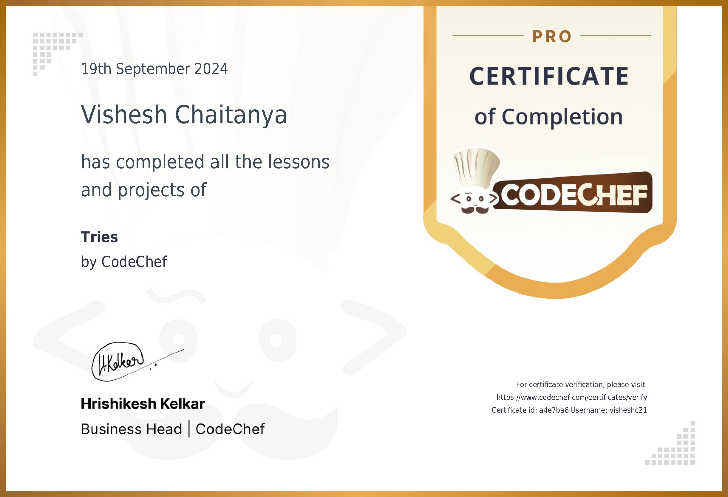Awarded to Vishesh Chaitanya for completing <a href='/learn/course/tries'>Tries</a>