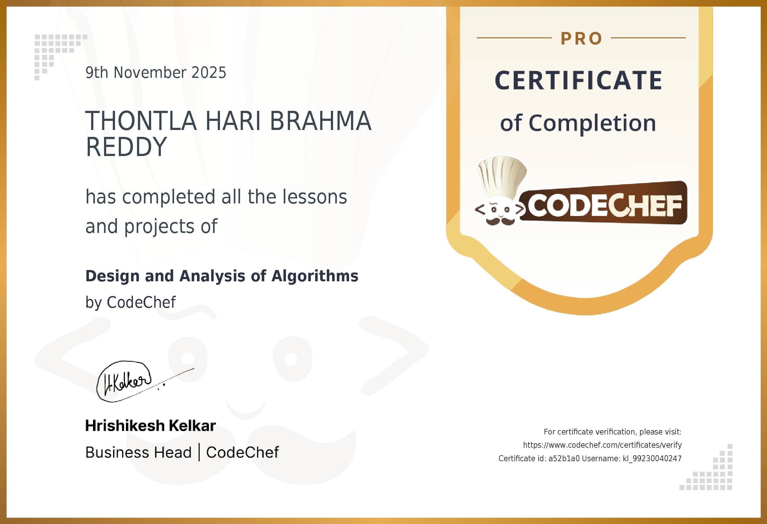 Awarded to THONTLA HARI BRAHMA REDDY for completing <a href='/learn/course/kl-daa-2025'>Design and Analysis of Algorithms</a>